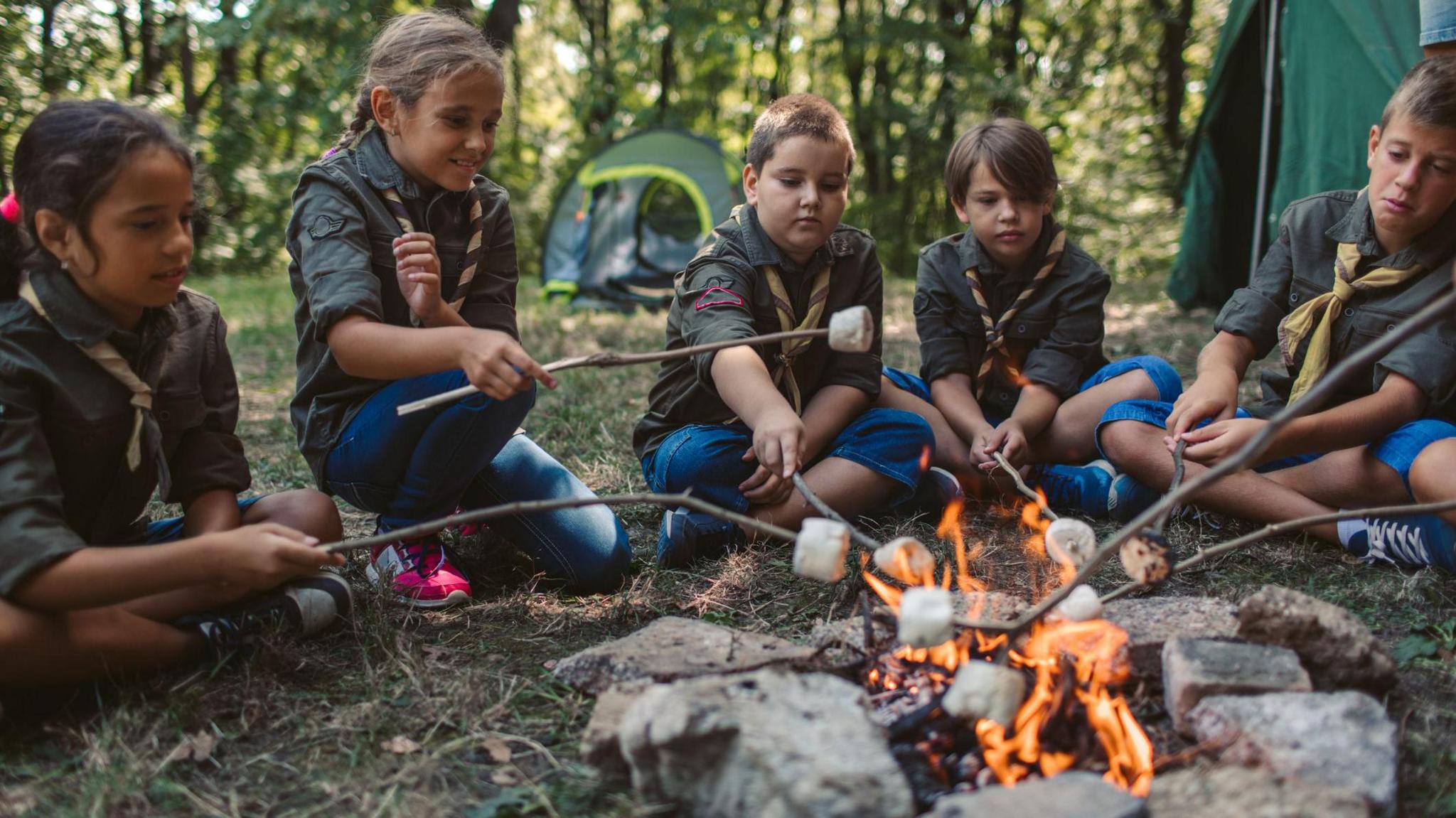 scouts roasting marshmallows at a campfire