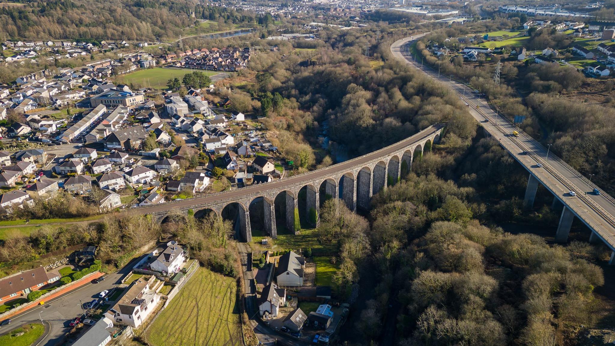 Aerial view of the Cefn Coed Viaduct in Merthyr Tydfil