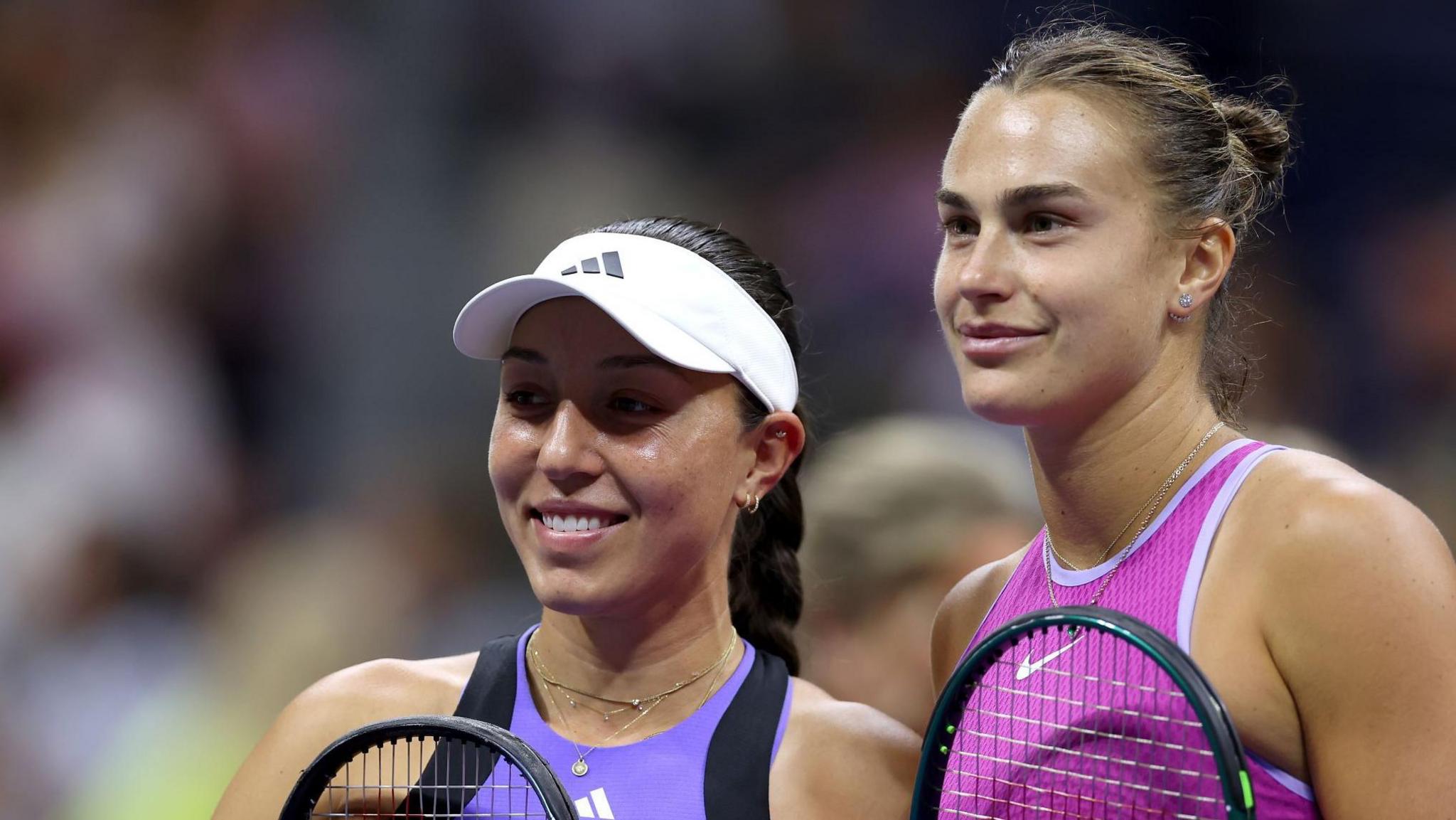 Jessica Pegula and Aryna Sabalenka pose before the 2024 US Open final