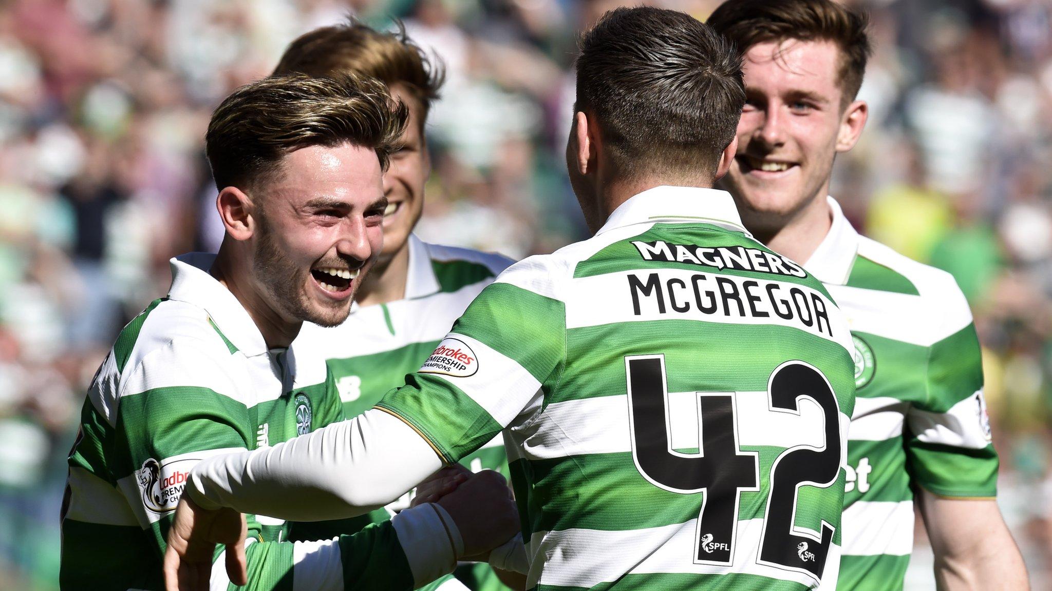 Patrick Roberts and Callum McGregor celebrate the latter's goal