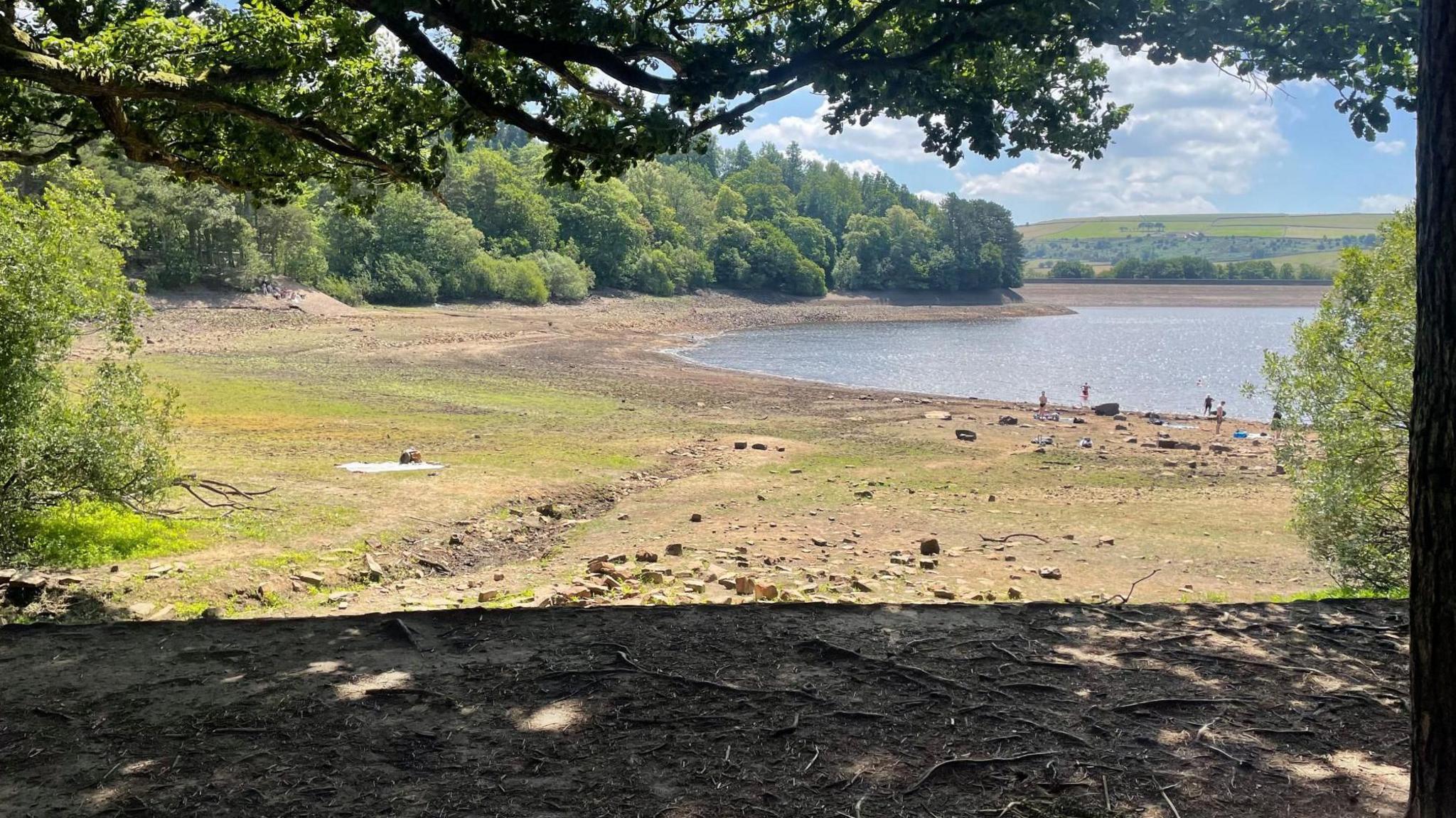 Trees line a large reservoir on a sunny day. A handful of people can be seen in the distance next to the water's edge