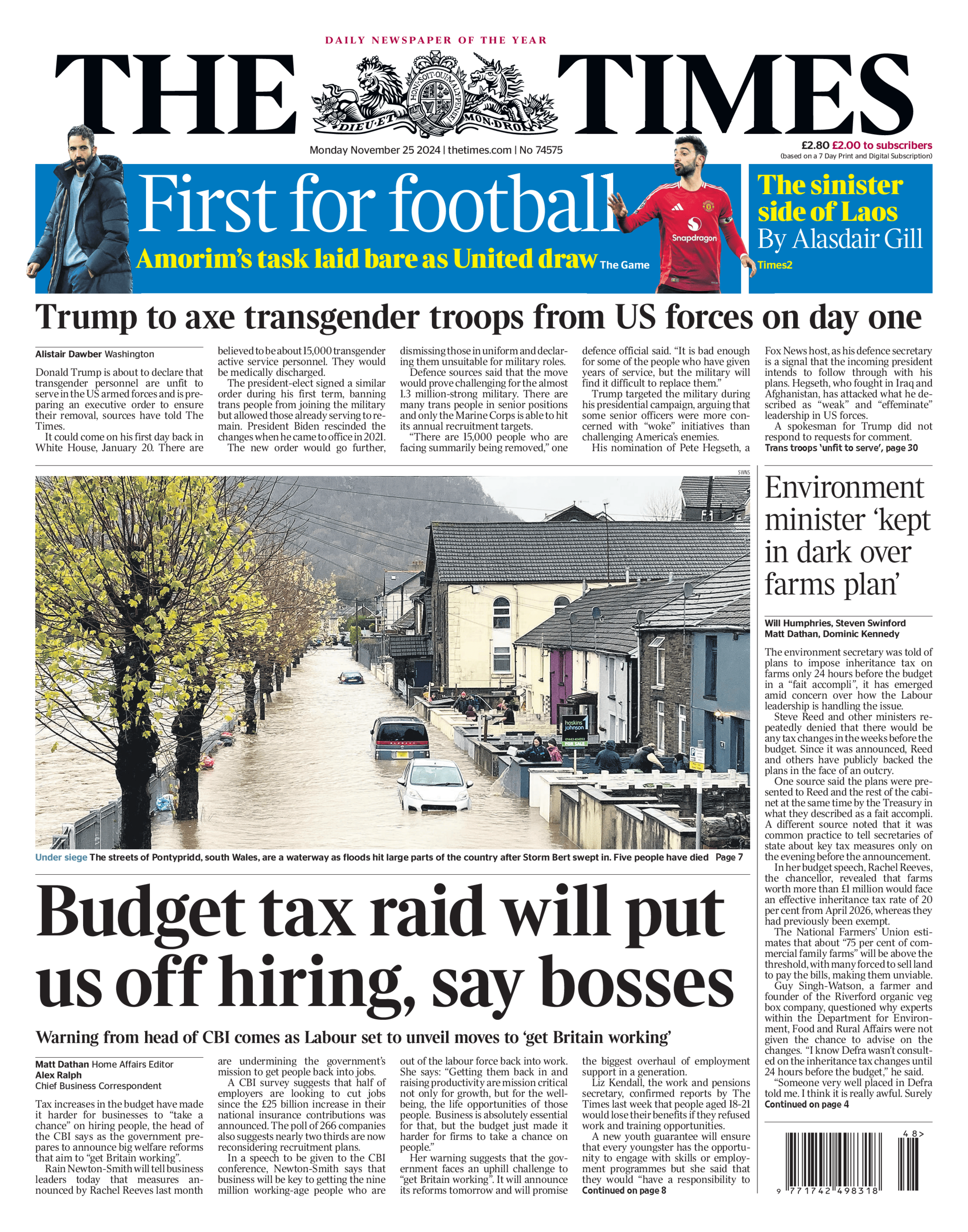 The Times front page with headline: "Budget tax raid will put us off hiring, say bosses"