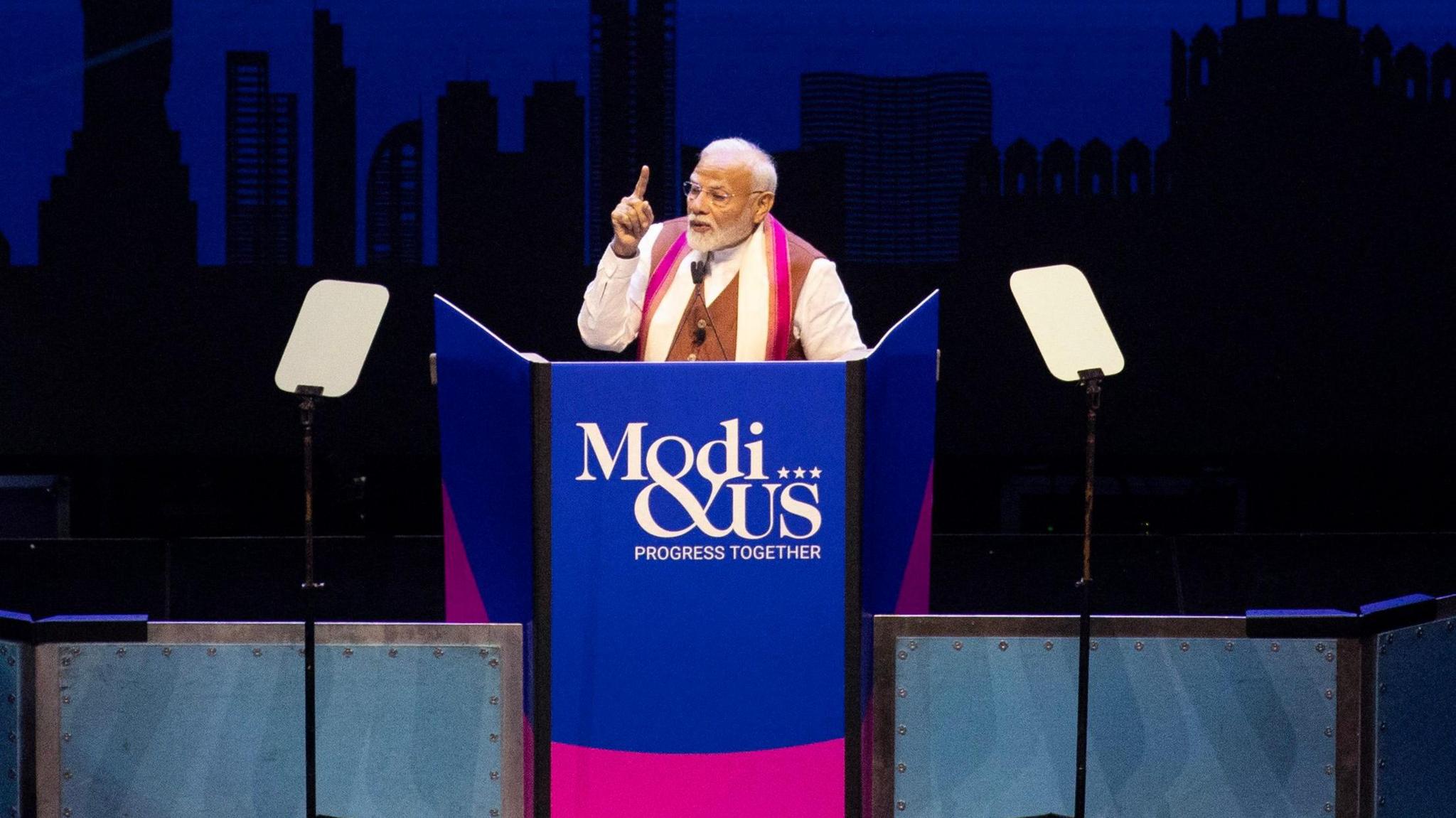 Indian Prime Minister Narendra Modi speaks during an event at Nassau County Veterans Memorial Coliseum in East Meadow, New York on September 22, 2024. (Photo by Leonardo Munoz / AFP) (Photo by LEONARDO MUNOZ/AFP via Getty Images)
