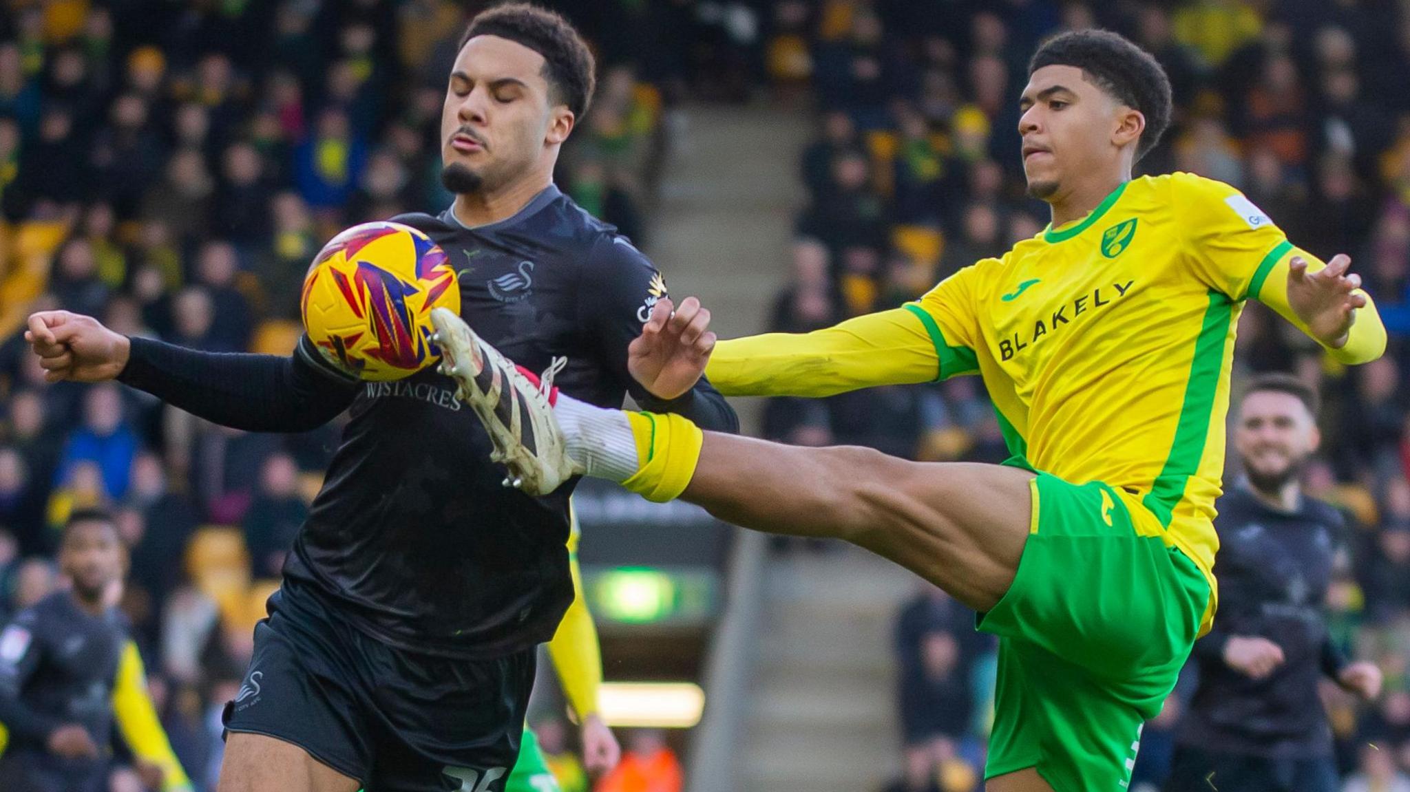 Norwich City's Lucien Mahovo challenges for the ball in the 5-1 win over Swansea