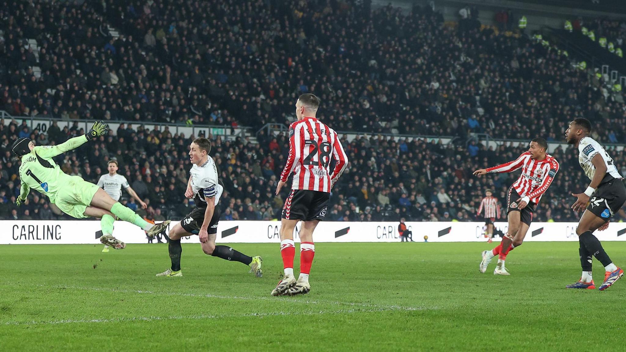 Wilson Isidor shoots for Sunderland, but has his goal against Derby disallowed