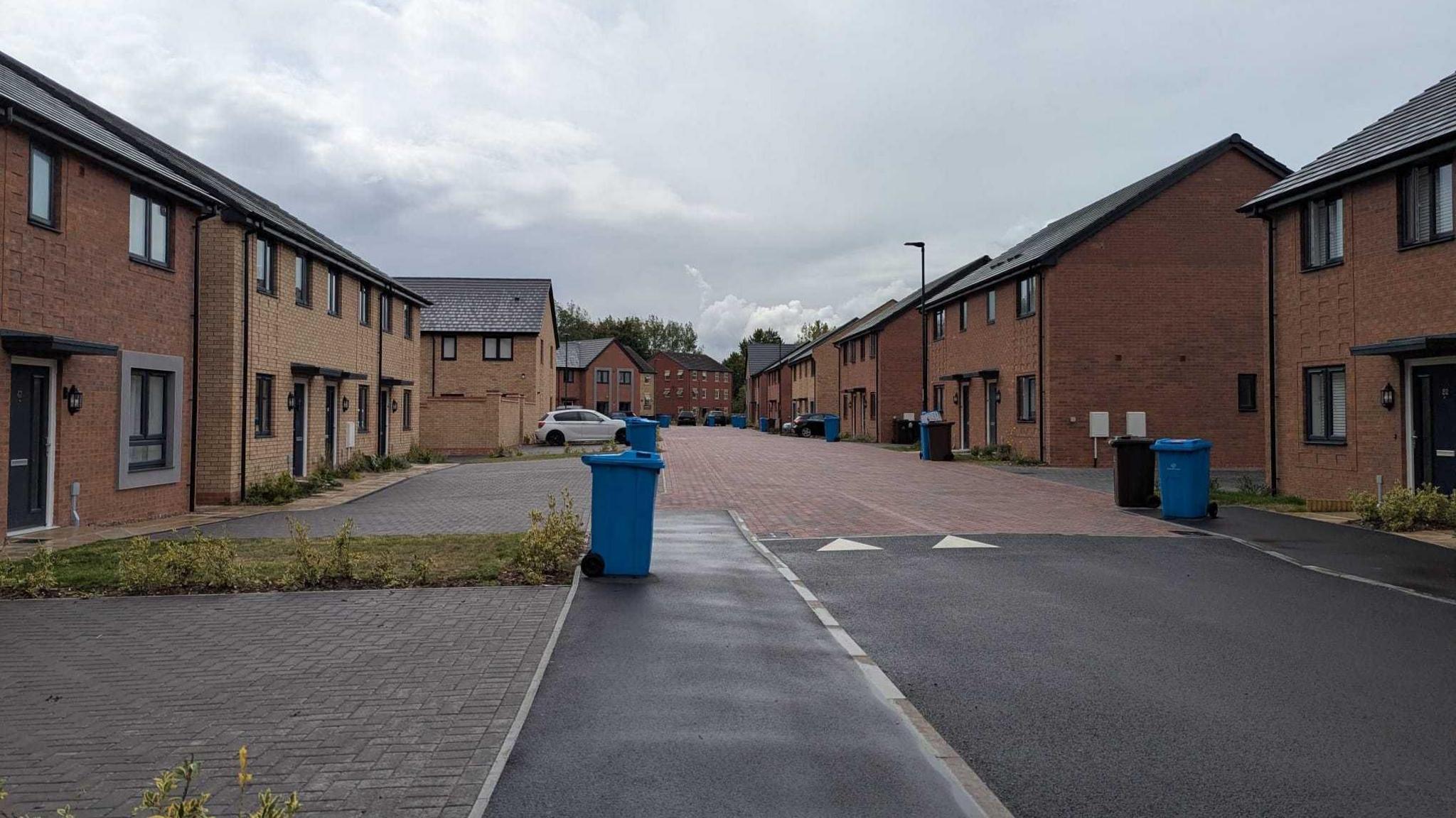 A general view of the Goodsmoor Road development with black and blue bins on the front of the street