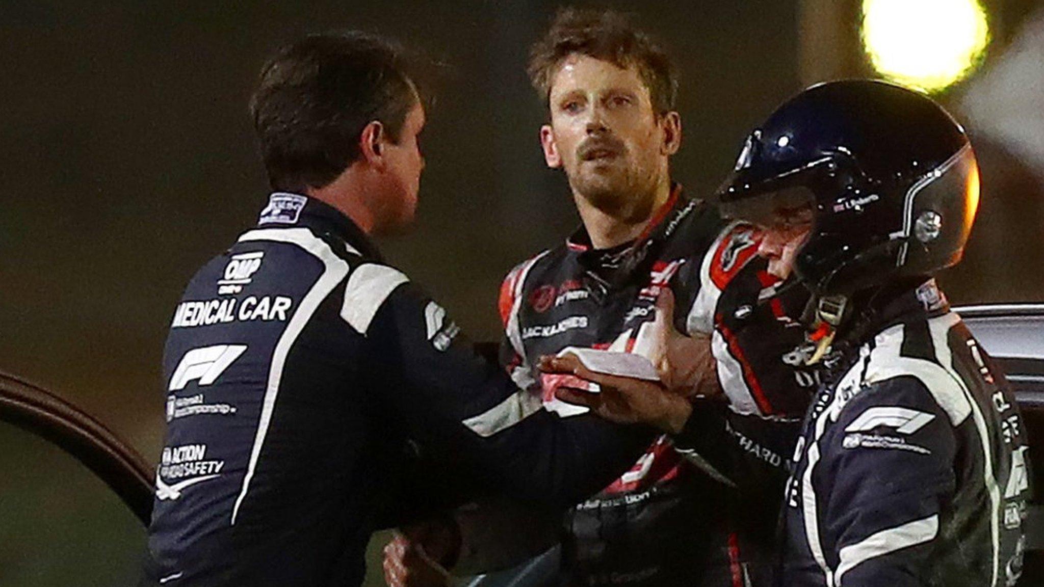 Romain Grosjean after his crash at the Bahrain Grand Prix