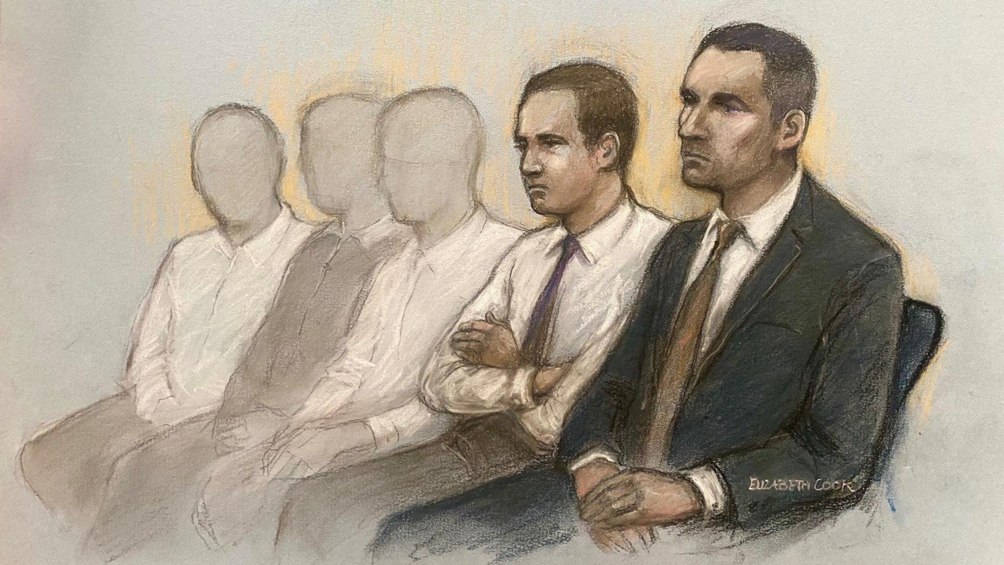 A court drawing depicting Antony Snook on the right wearing a black suit and brown tie. Next to him there is a sketch of Riley Tolliver, who is also on trial for murder, sitting with his arms folded, wearing a white shirt and a brown tie.