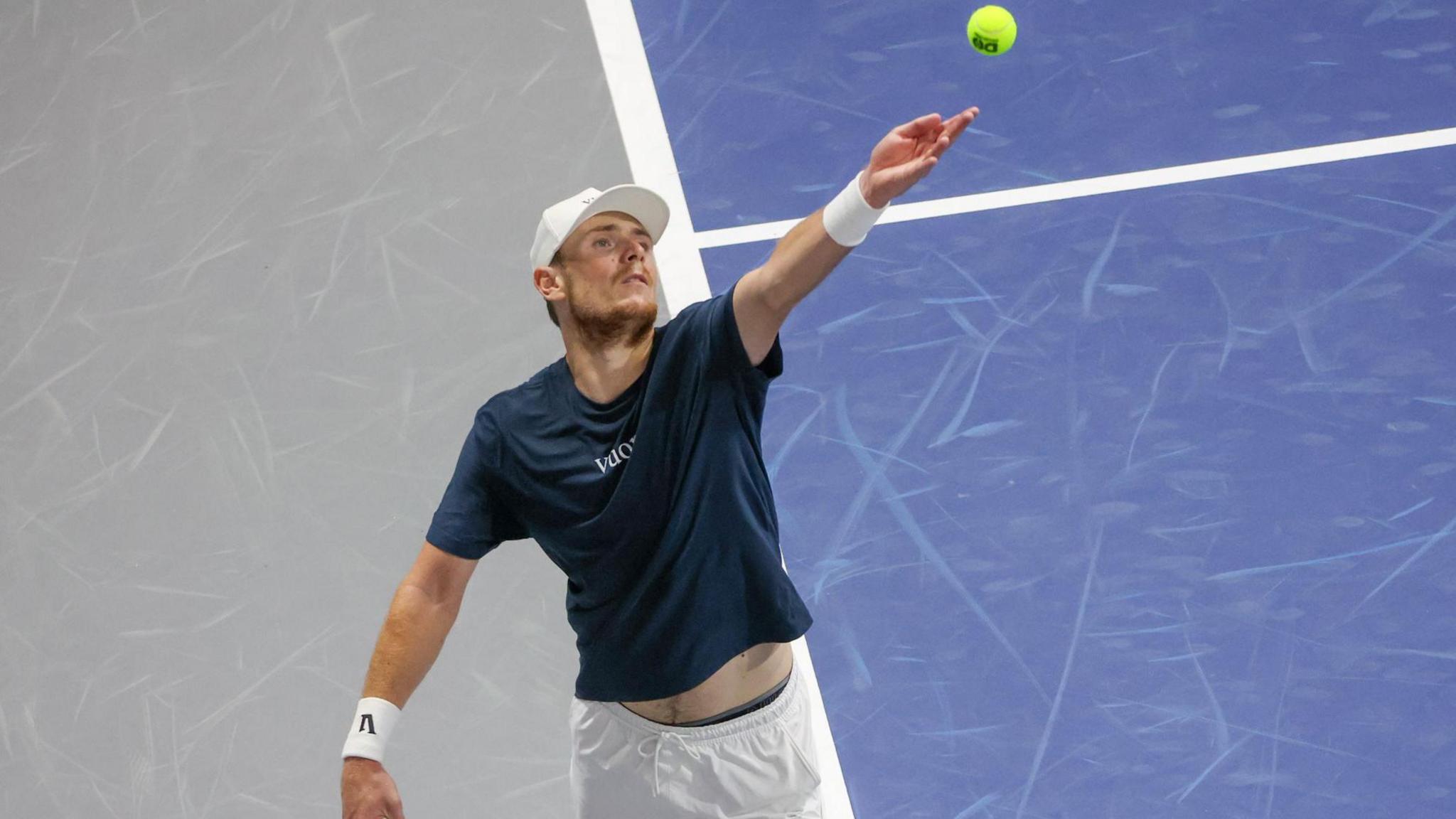 Jack Pinnington Jones serves during qualifying for the Nexo Dallas Open on February 8, 2026 at the Ford Center at The Star in Frisco.
