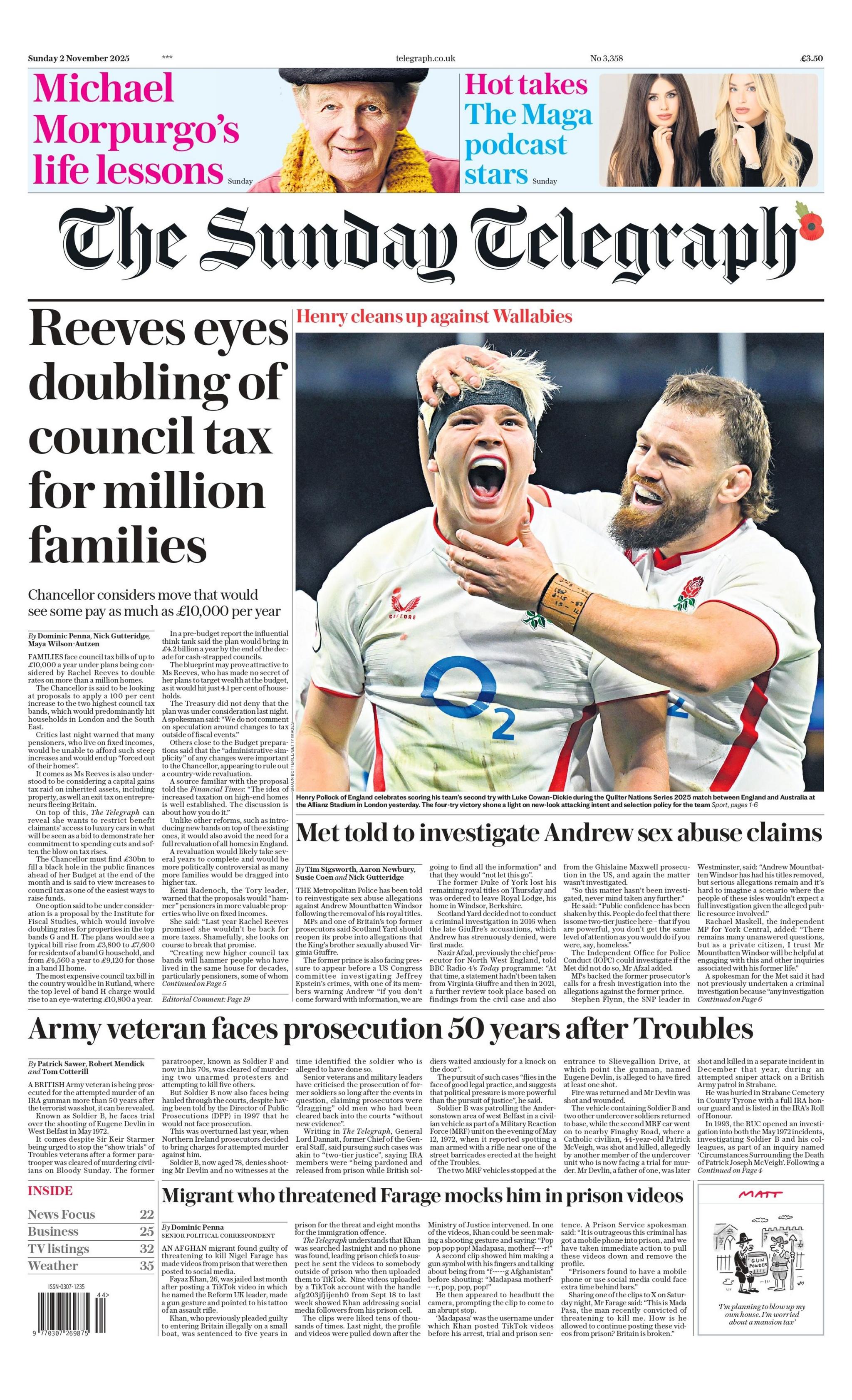 "Reeves eyes doubling of council tax for million families," reads the headline on the front page of the Sunday Telegraph