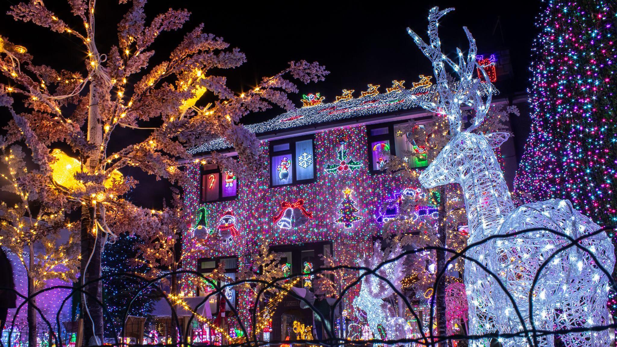 A house covered in bright coloured blue and purple lights. To the right there is a bright white shining reindeer illuminated by wires. The windows have snowmen and candy cane lights, as well as other Christmas objects.
