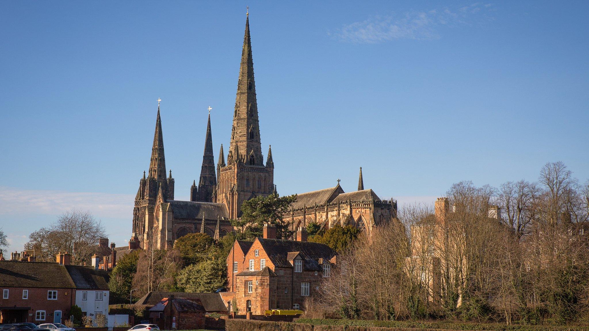 A view from the back of Leichfield cathedral showing the three spires