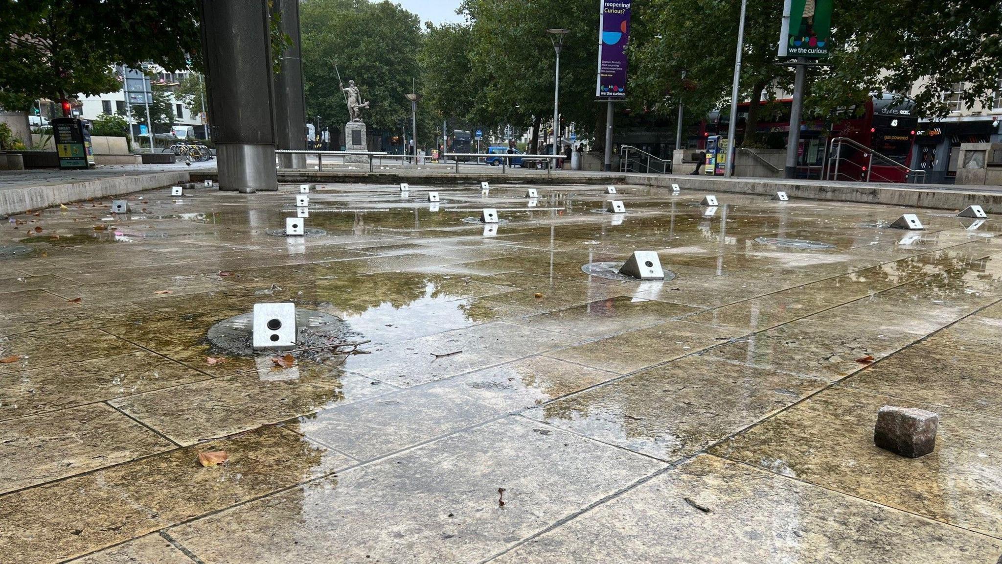 The fountains in Bristol City Centre without any water flowing