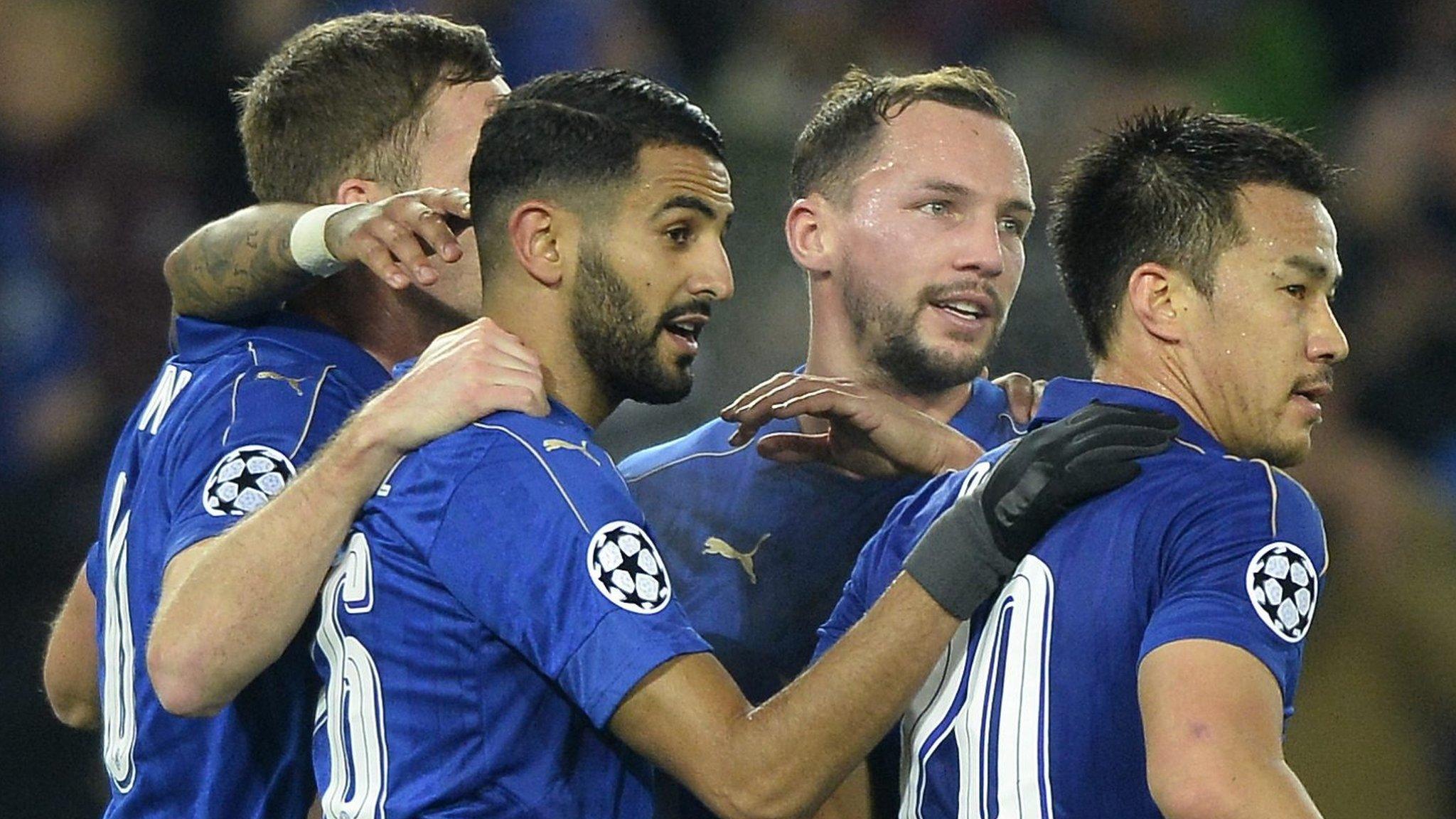 Leicester City players celebrate after beating Club Brugge to reach the knockout stages of the Champions League