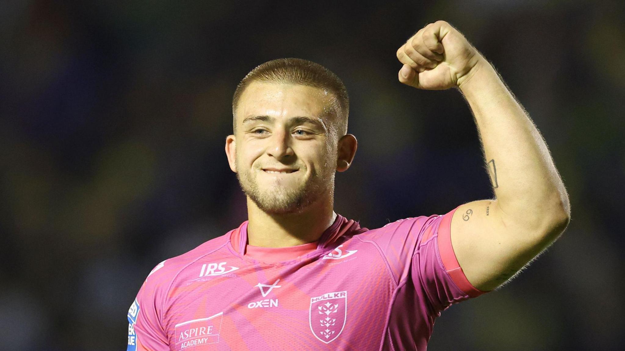 Hull KR's Mikey Lewis celebrates at the end of the match