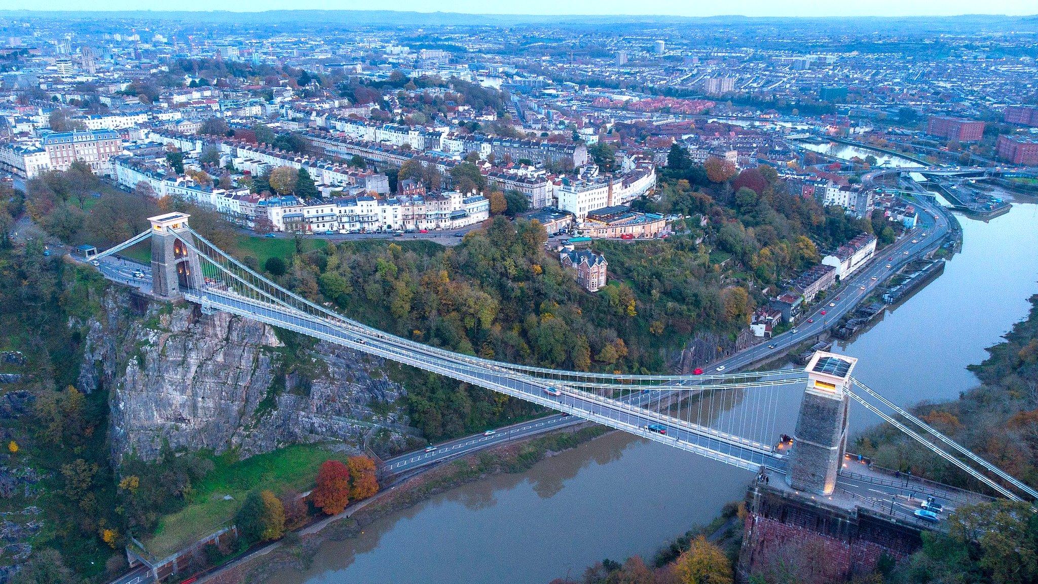 Clifton Suspension Bridge and view of the Cumberland Basin in Bristol