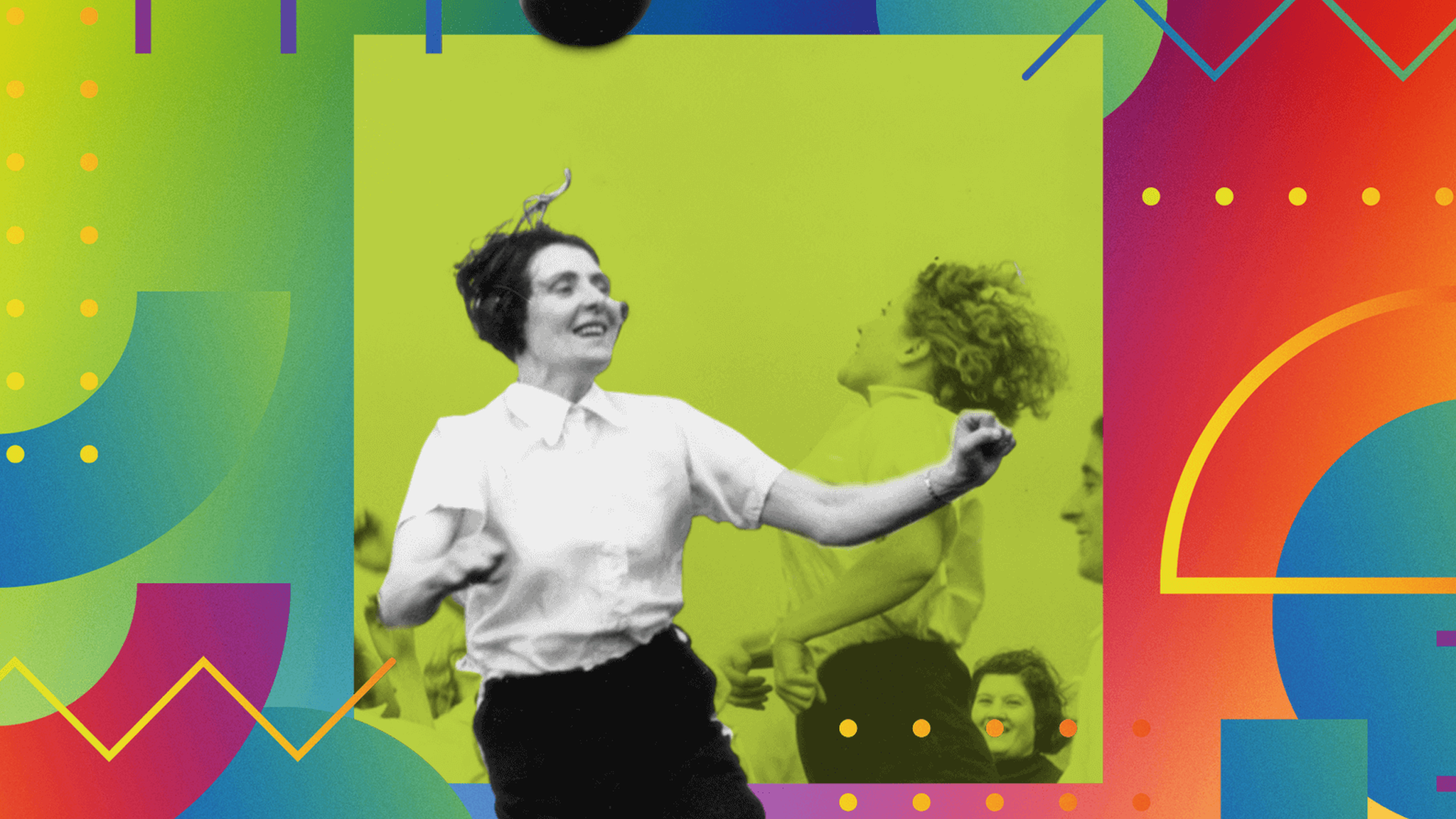 Footballer Lily Parr jumping to head a ball among fellow players on a colourful, patterned background