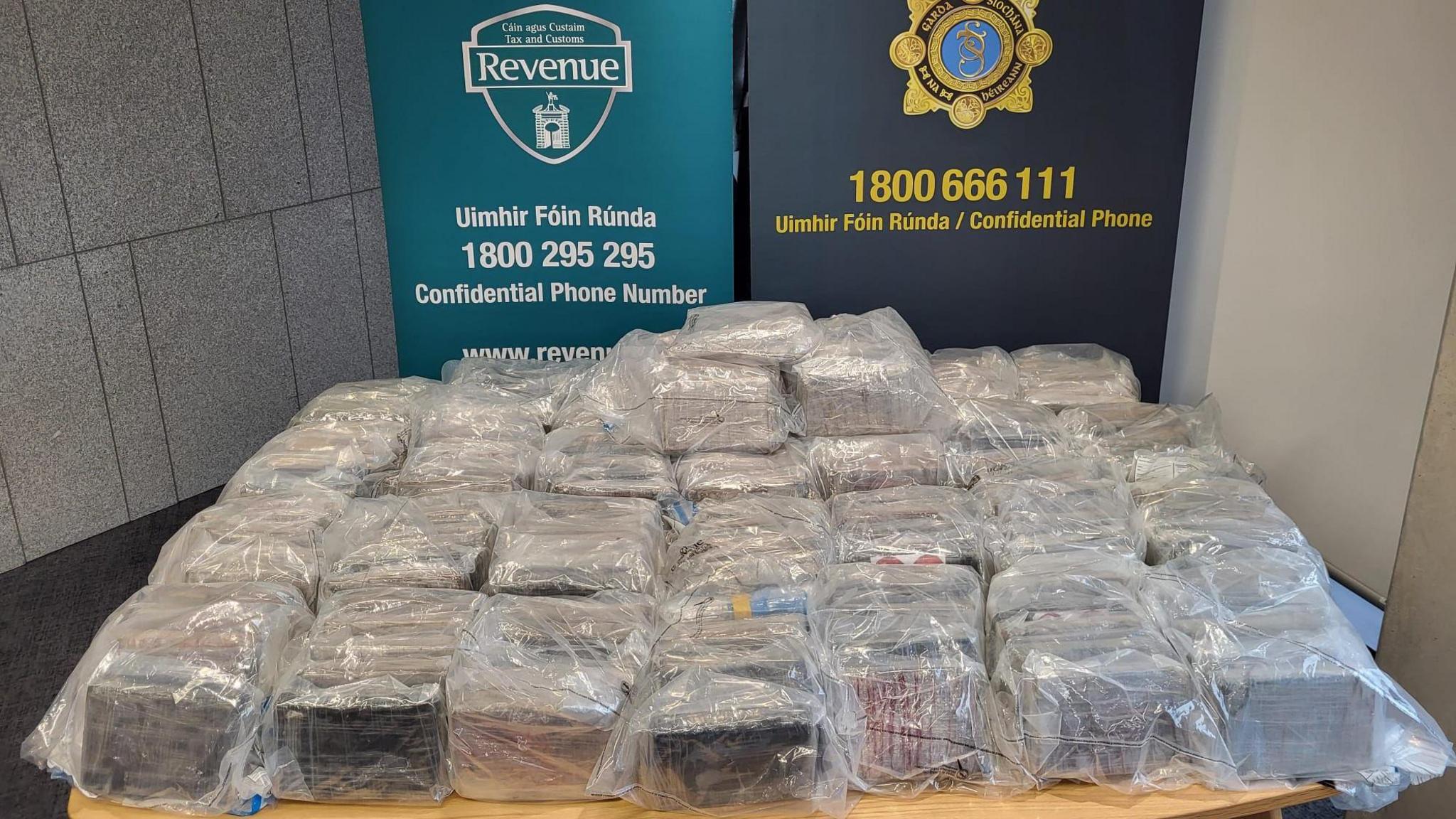 Blocks of drugs, wrapped in individual plastic bags, lined up on a table.