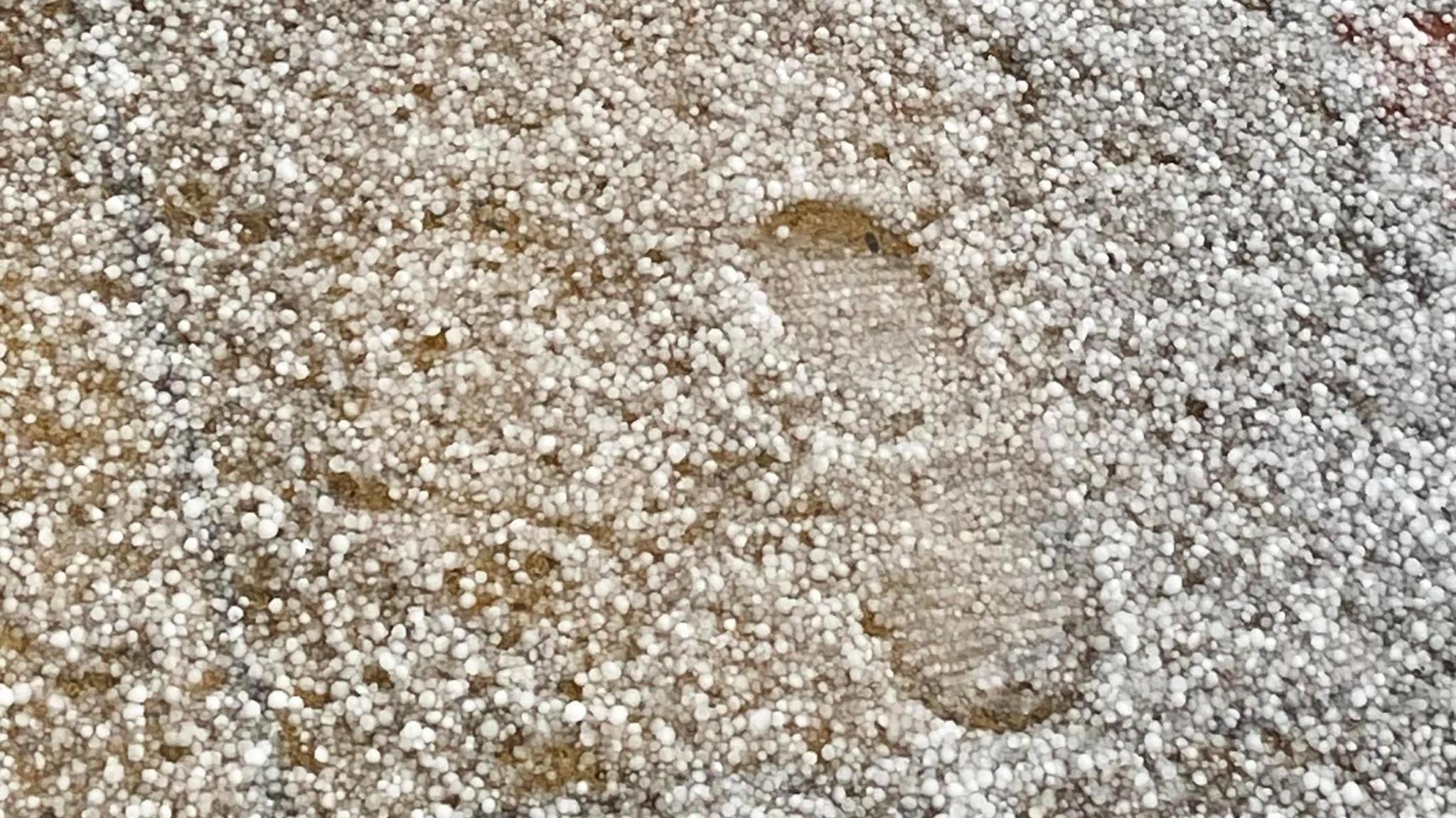 A footprint pattern where a person has walked over a gravel path covered by hail