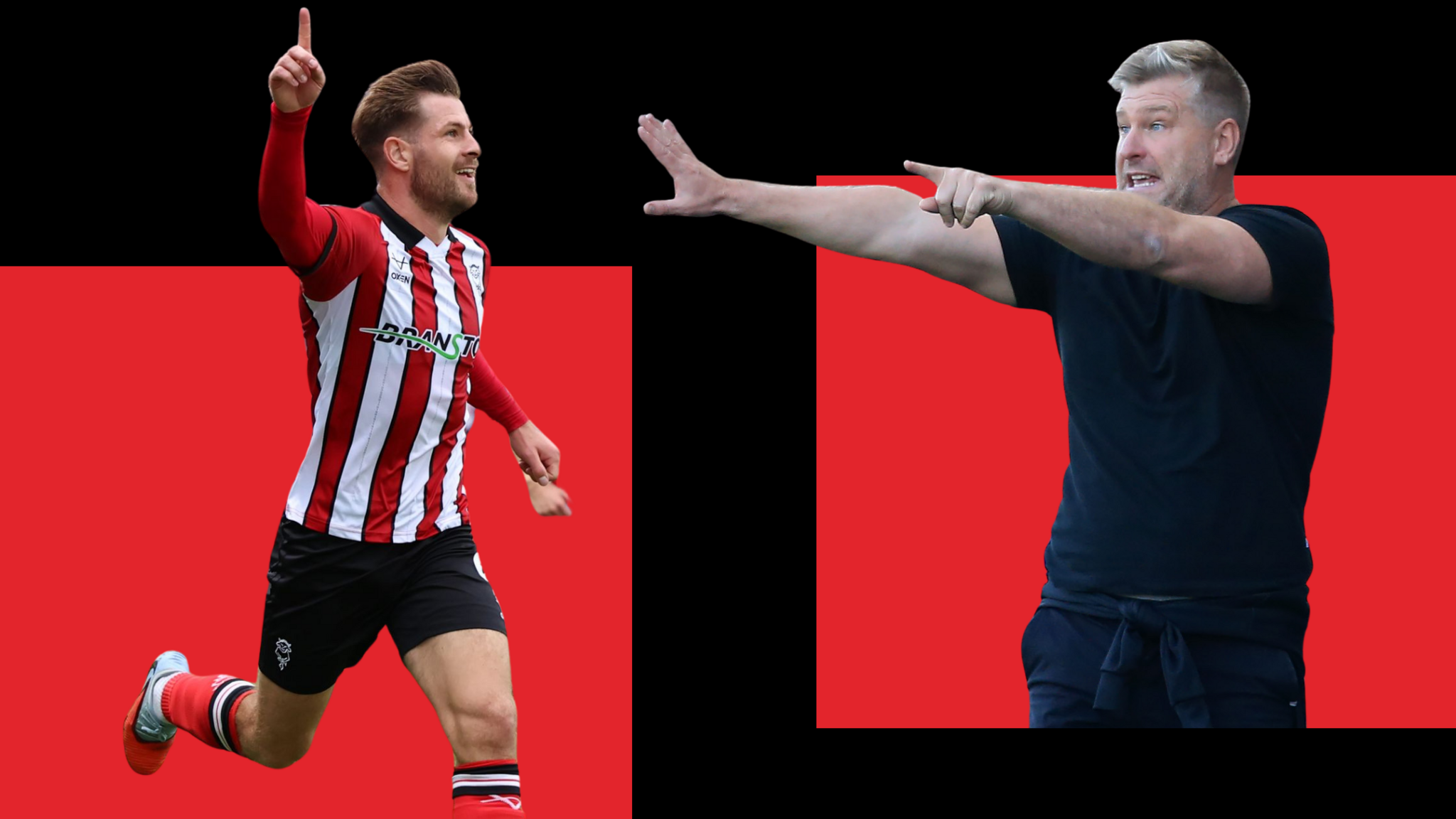 Lincoln striker James Collins celebrates while Salford City boss Karl Robinson gesticulates to his players