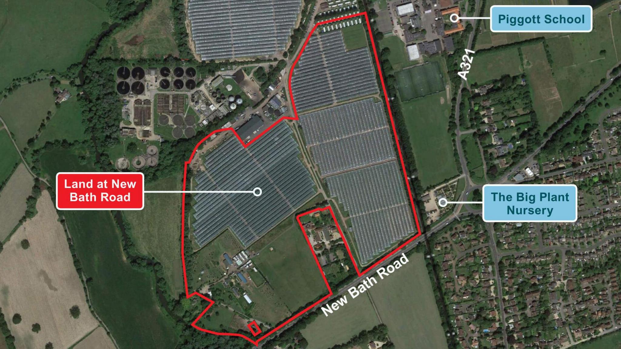 An aerial view and red outline of the development site, clearly marked in blue are the Piggott Secondary School and The Big Plant Nursery in white is the road entrance on New Bath Road.