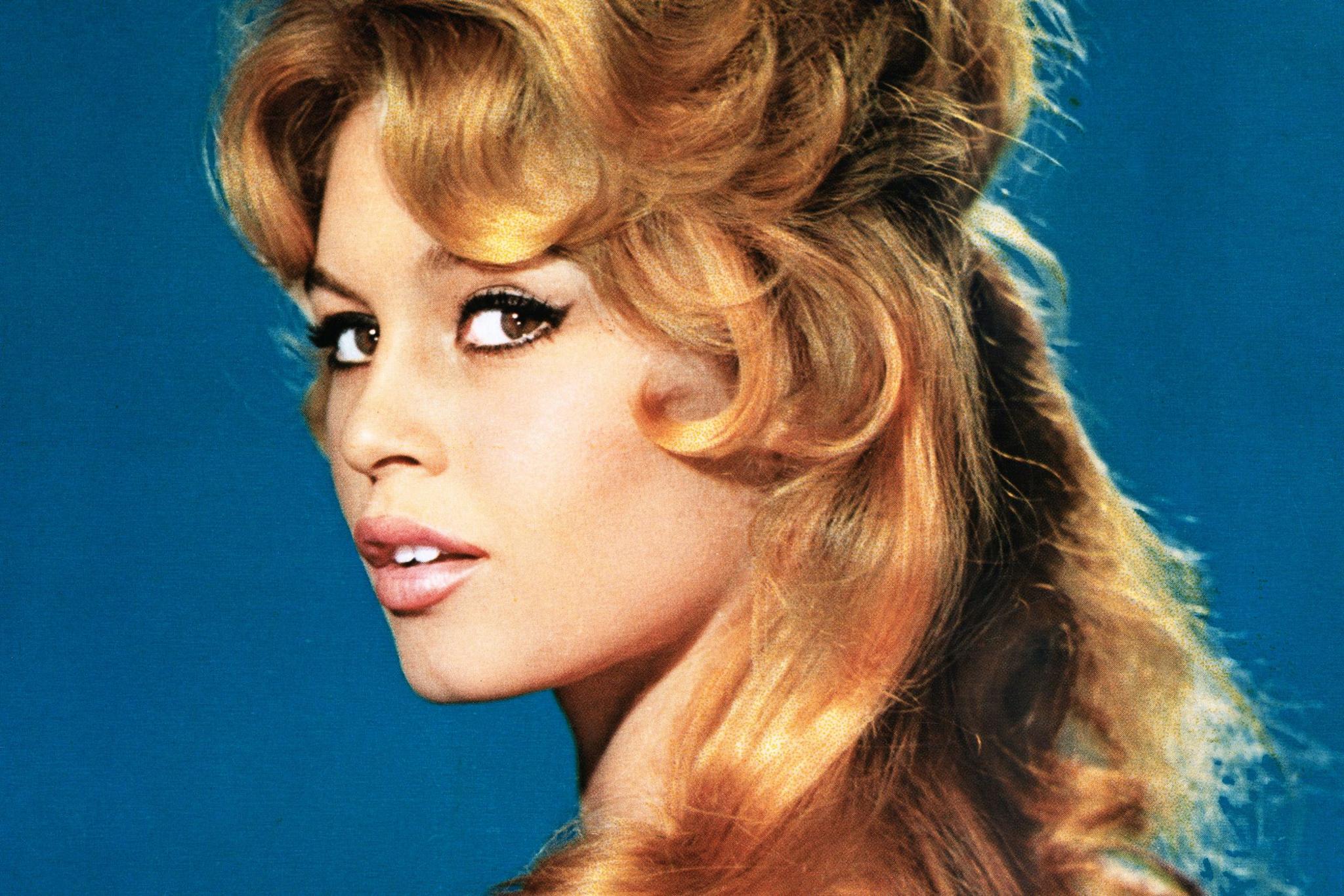 Brigitte Bardot e re ka kthyer kokën ndërsa shikon kamerën. Ajo ka flokë të gjatë biondë me kaçurrela të lirshme, buzëkuq rozë të çelët dhe rimel të errët për sytë. Ajo është vendosur në një sfond blu.