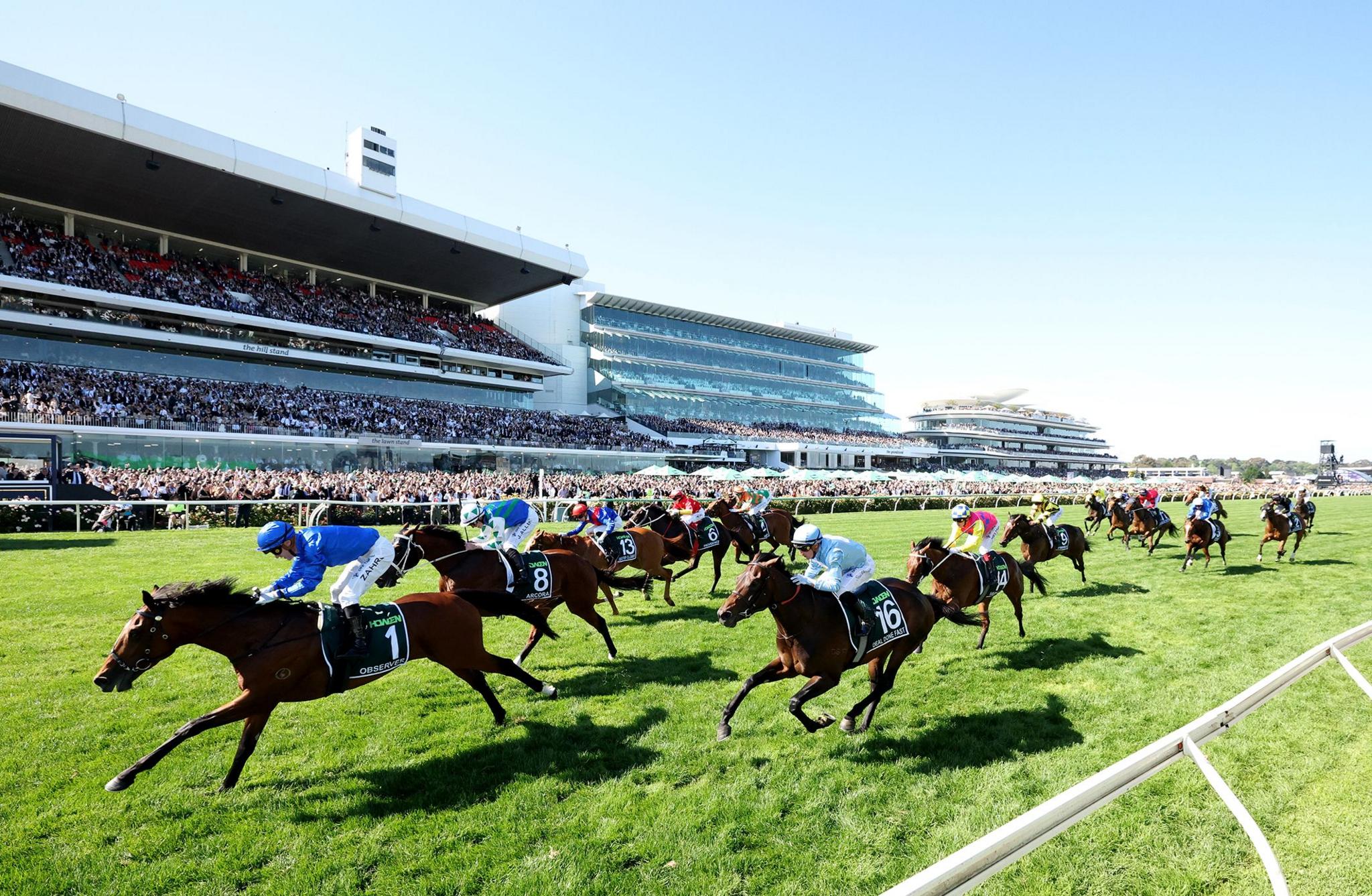 Racehorses gallop down a lush green track during a competitive race, with jockeys in colourful silks leaning forward. Large grandstands packed with spectators rise in the background under a clear blue sky, creating an energetic sporting atmosphere.