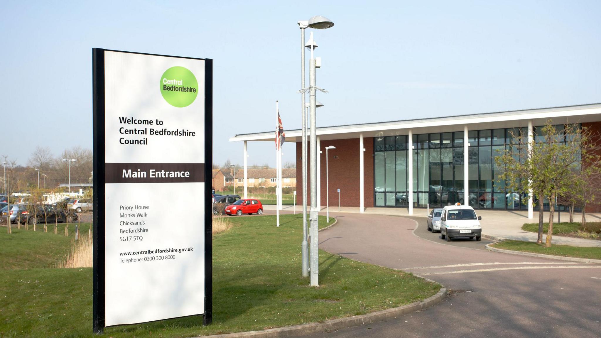 A picture of Central Bedfordshire Council's headquarters at Chicksands. It should the building with a sign welcoming people to Central Bedfordshire Council.