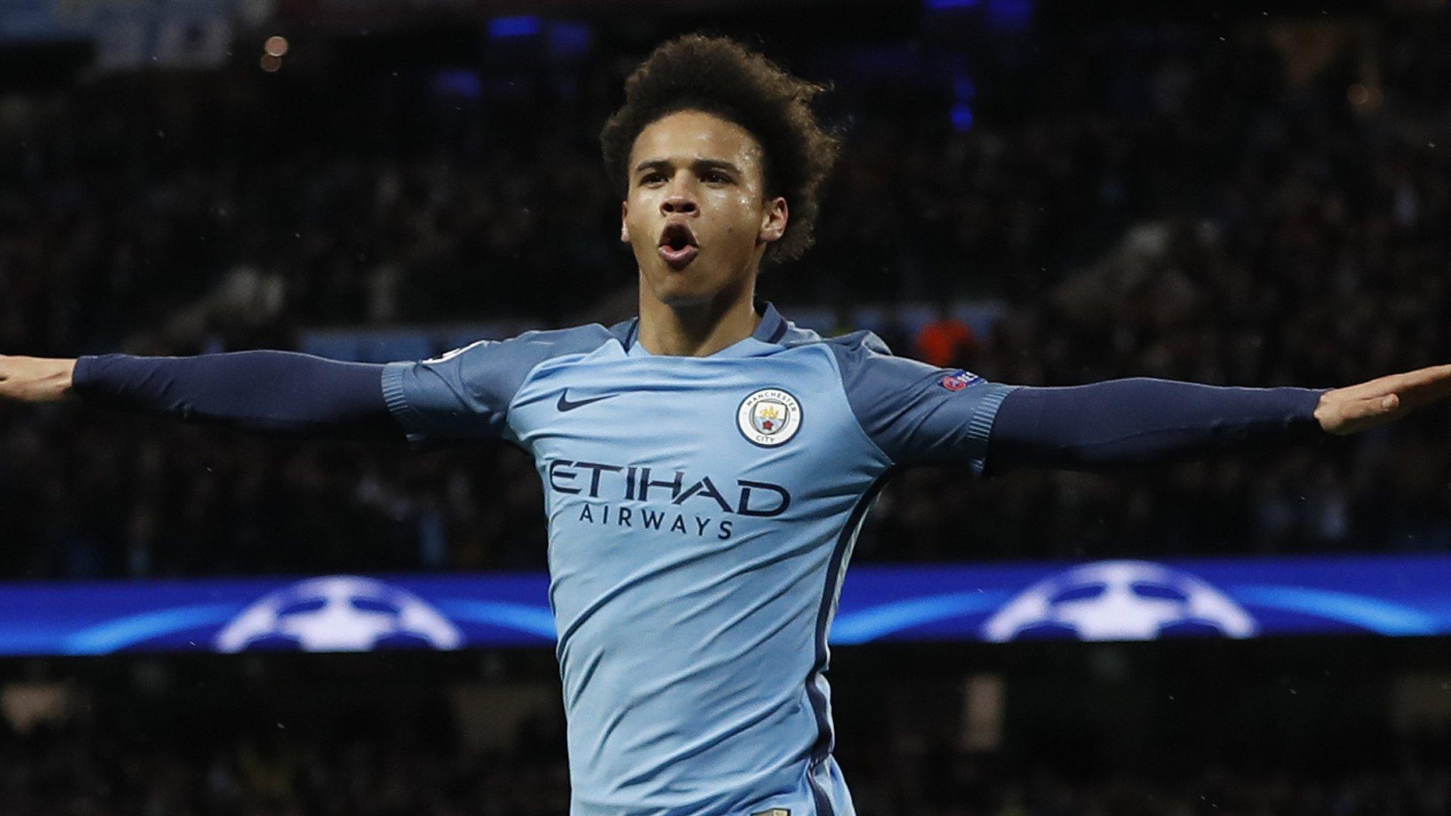 Leroy Sane celebrates Man City's fifth goal against Monaco