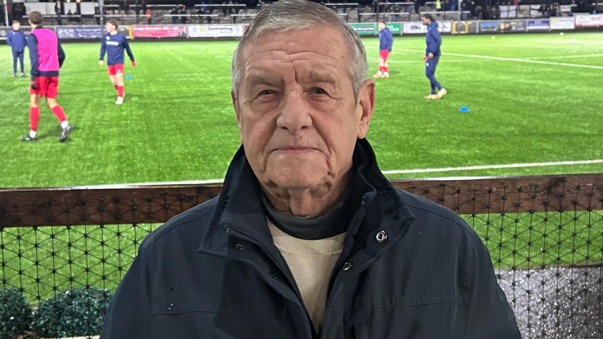 Merthyr chairman Les Barlow at the side of the pitch before the Martyrs January home fixture against Telford United.