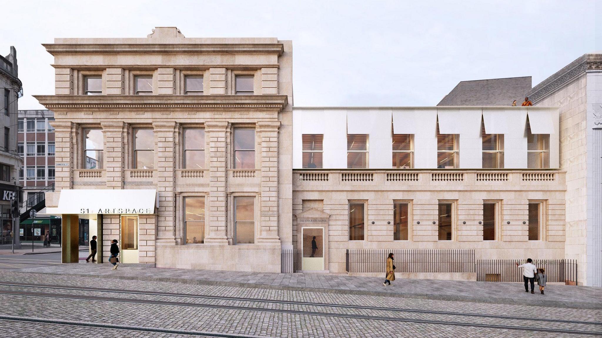 A visualisation of the outside of the proposed building plans for the former Yorkshire Bank in Sheffield city centre. The building has big windows, spanning two storeys in some areas and three in others. People walk along the pavement in front of it.