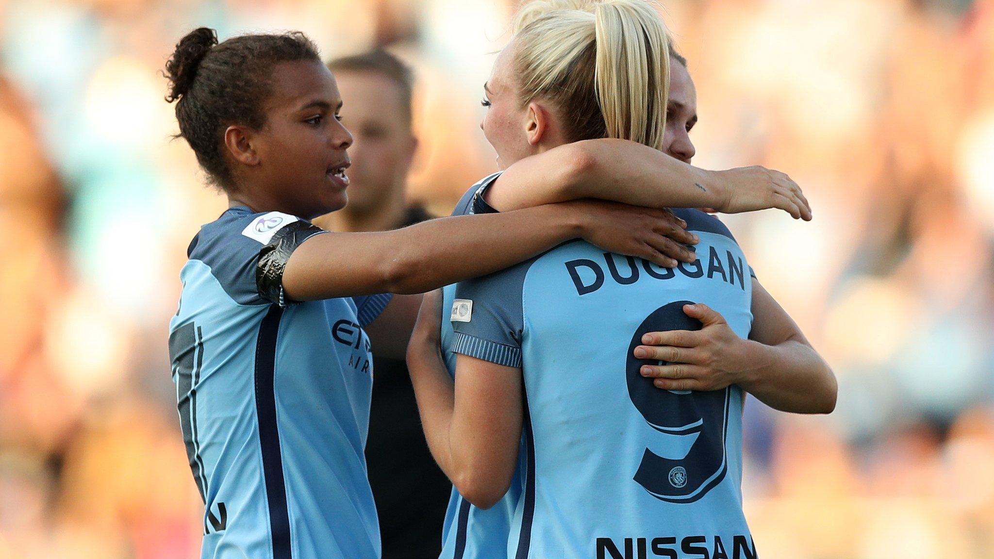 Manchester City Women celebrate scoring against Chelsea Ladies