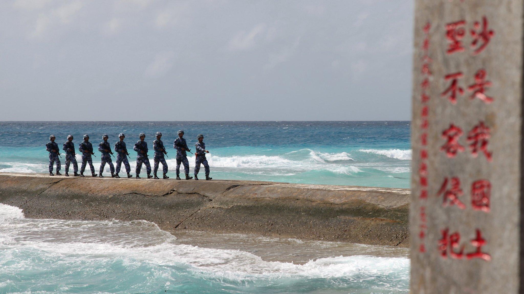 Chinese soldiers in the Spratly islands on 9 February 2016