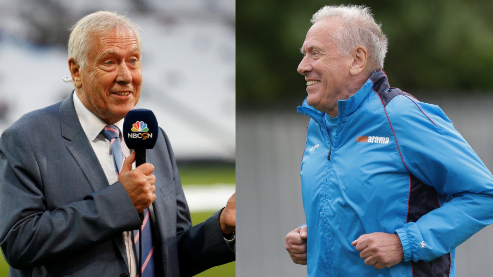 Martin Tyler as television football commentator (left) and first-team coach of Hampton & Richmond Borough (right)