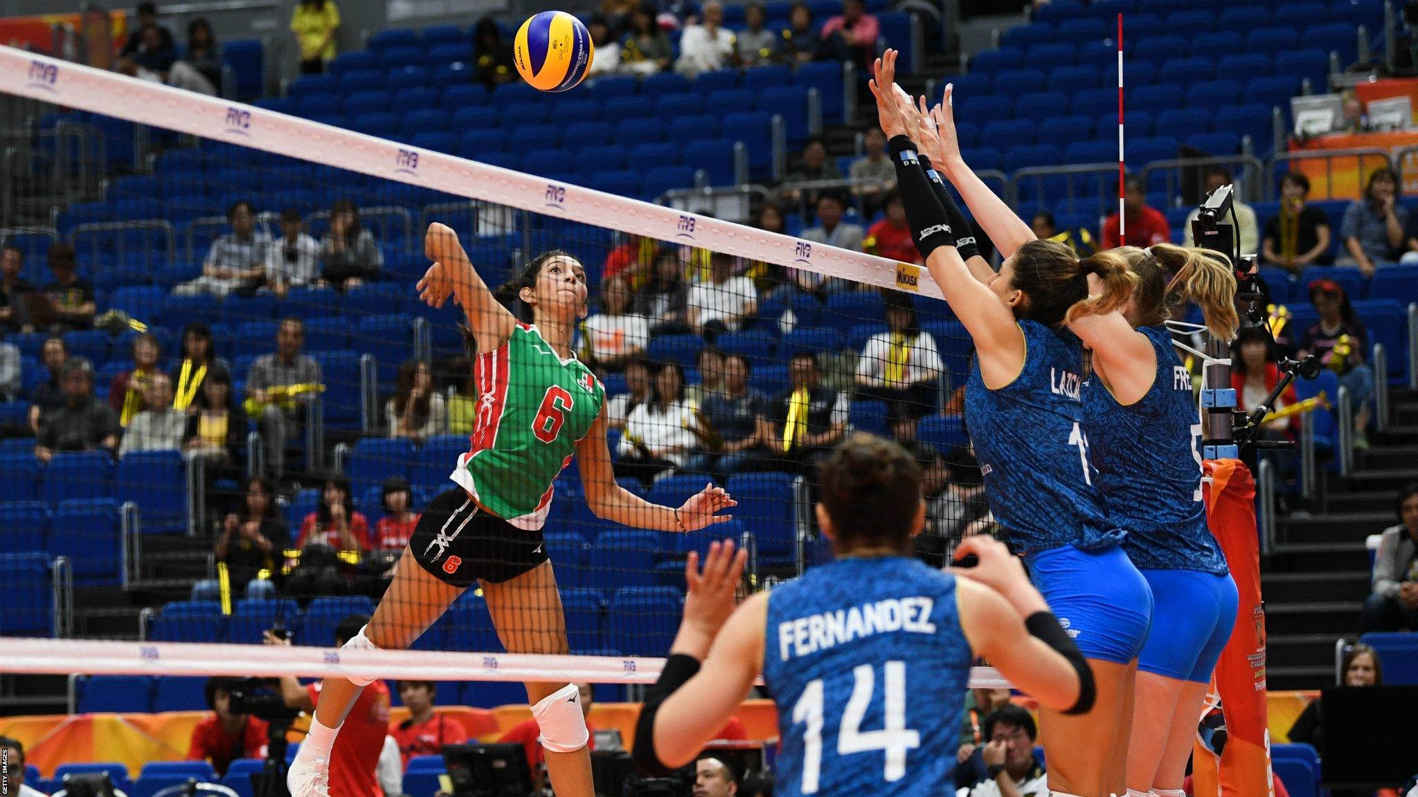 Yokohama, Japan, September 30: Samantha Bricio (number six), of Mexico, attempts a scoring shot during the Group A match between Mexico and Argentina on day two of the FIVB Women's World Volleyball Championship at Yokohama Arena. (Photo by Takashi Aoyama/Getty Images)