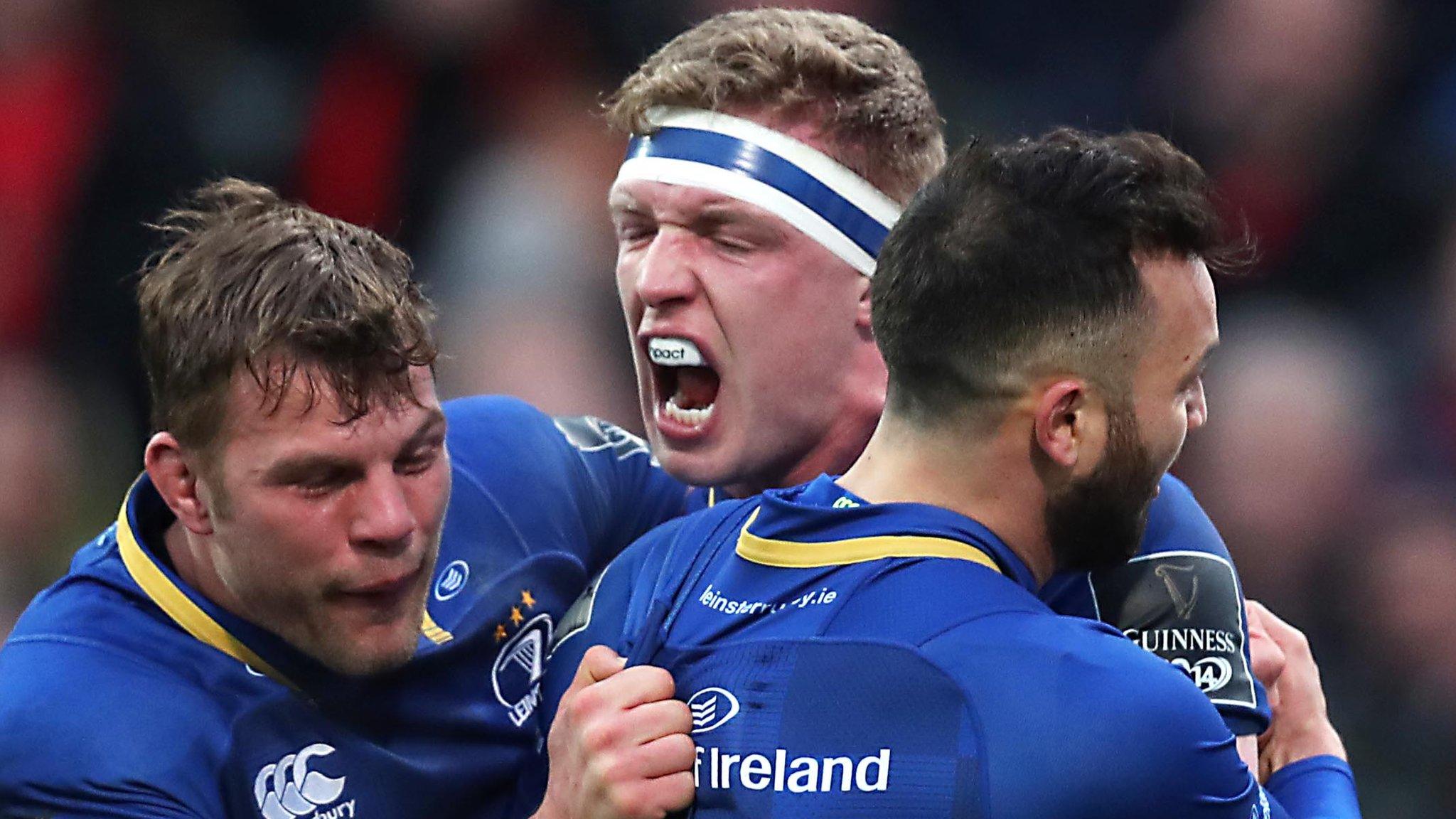 Dan Leavy (centre) is congratulated by Leinster team-mates Jordi Murphy and Jamison Gibson-Park after scoring Leinster's first try at Thomond Park