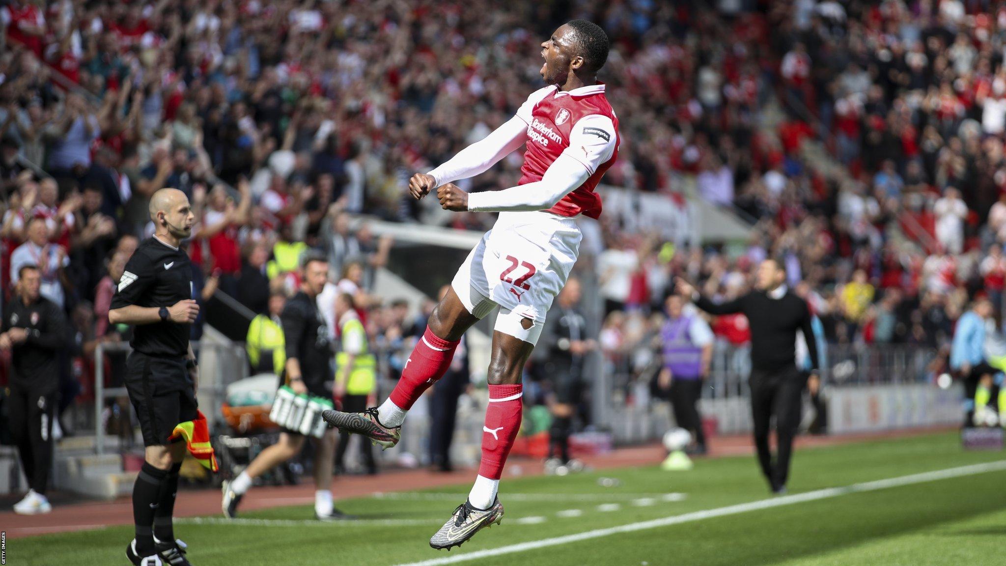 Hakeem Odoffin celebrates scoring Rotherham United's first goal against Blackburn Rovers