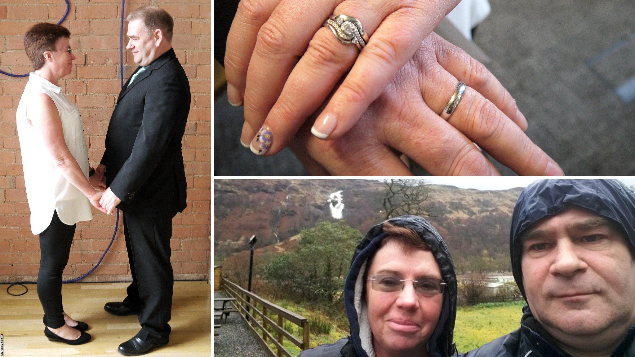 Denis Shannon (nee Larrad) with her husband Chris on their wedding day, their rings and on their (first) honeymoon on the West Highland Way