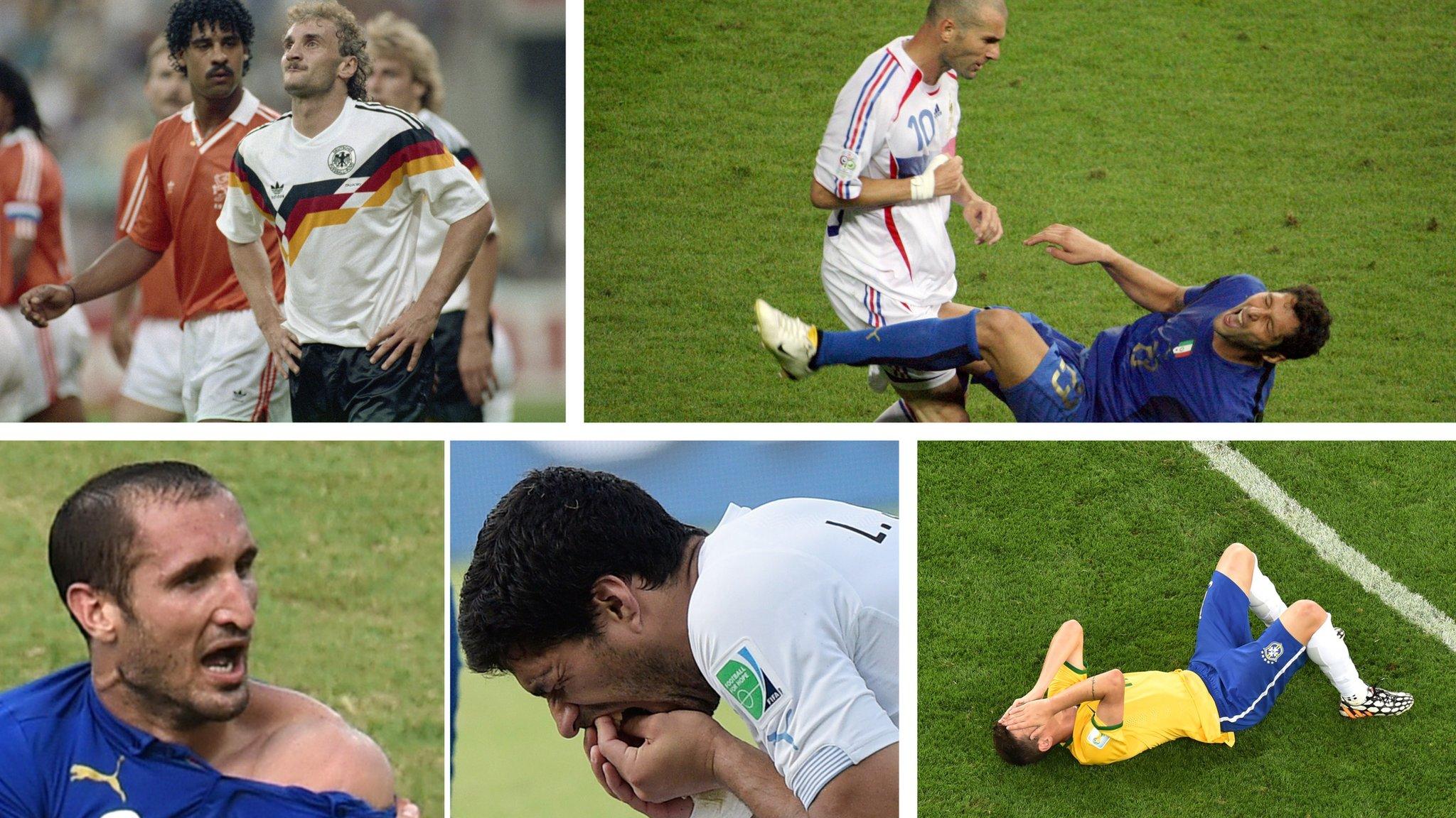 Rudi Voller and Fank Rijkaard clash, Zinedine Zidane headbutts Marco Materazzi, Giorgio Chiellini reacts to a bite from Luis Suarez, Brazil react to their 7-1 humiliation by Germany