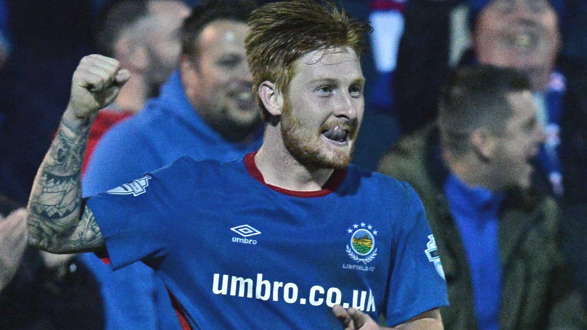 Louis Rooney celebrates scoring against Warrenpoint