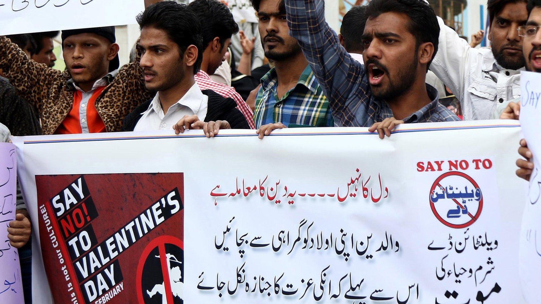 People shout slogans during a protest against Valentine's Day in Karachi, Pakistan, 12 February 2017