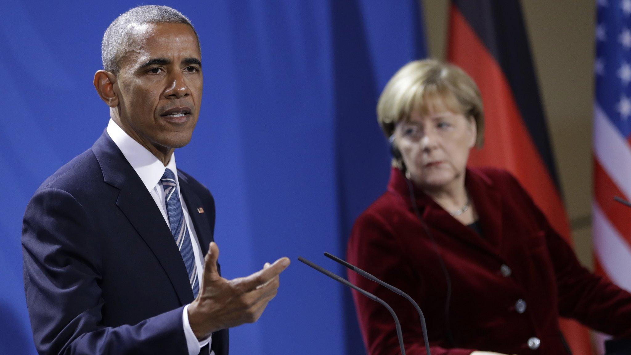 Barack Obama, speaks during press conference with German Chancellor Angela Merkel in chancellery in Berlin, Germany. 17 Nov 2016