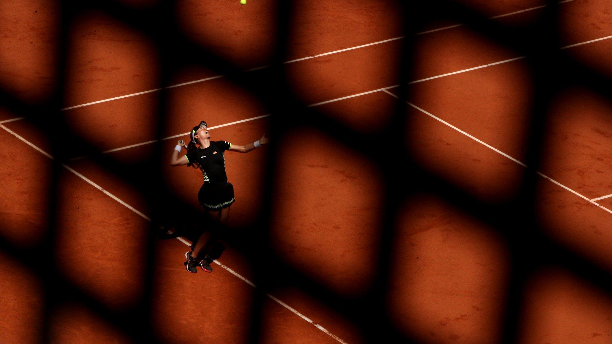 Paris, France - 2 June: Johanna Konta of Great Britain serves during her ladies singles fourth round match against Donna Vekic of Croatia during day eight of the 2019 French Open. (Photo by Adam Pretty/Getty Images)