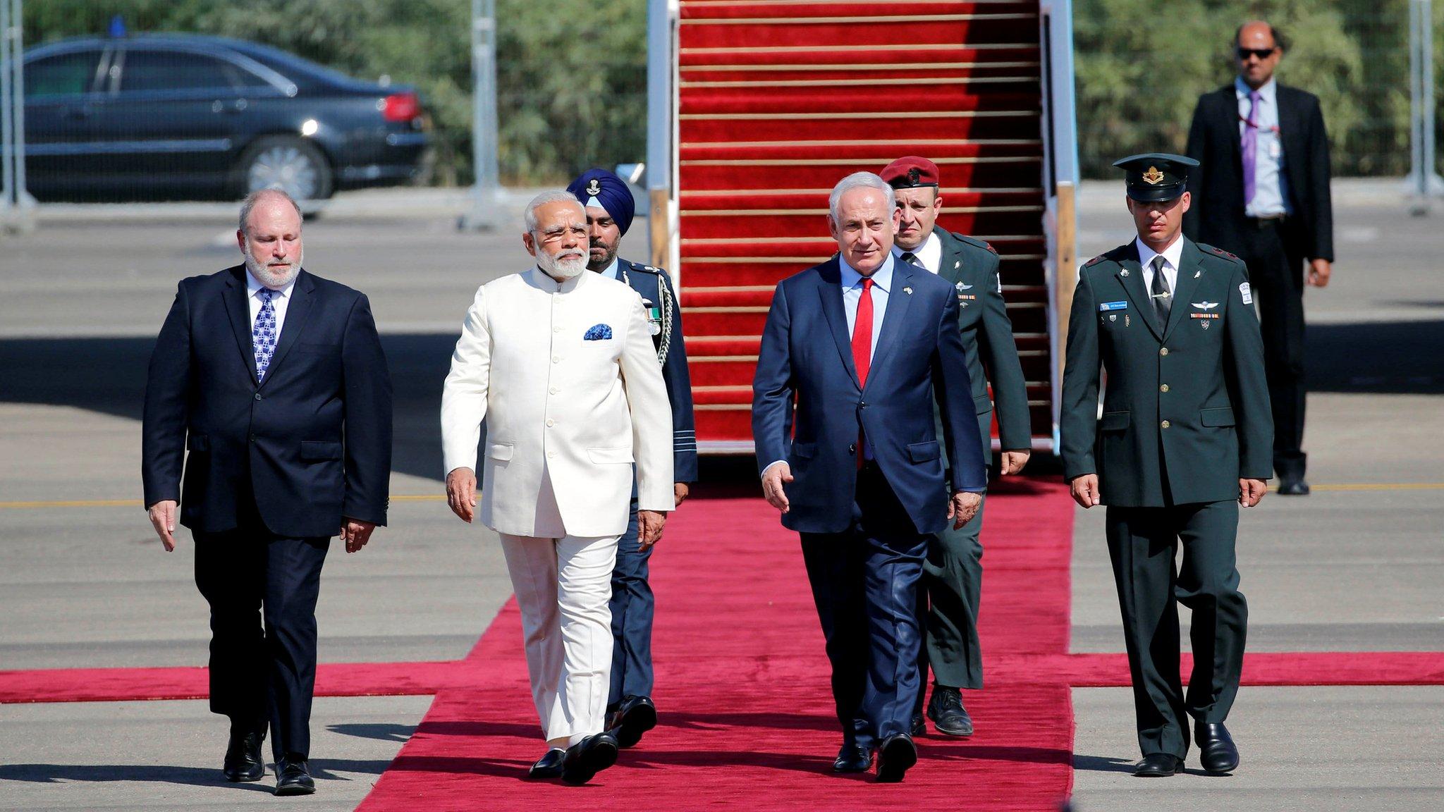 Israeli Prime Minister Benjamin Netanyahu (2nd R) welcomes Indian Prime Minister Narendra Modi (2nd L) during an official welcoming ceremony upon his arrival in Israel at Ben Gurion Airport, near Tel Aviv, Israel 4 July 2017