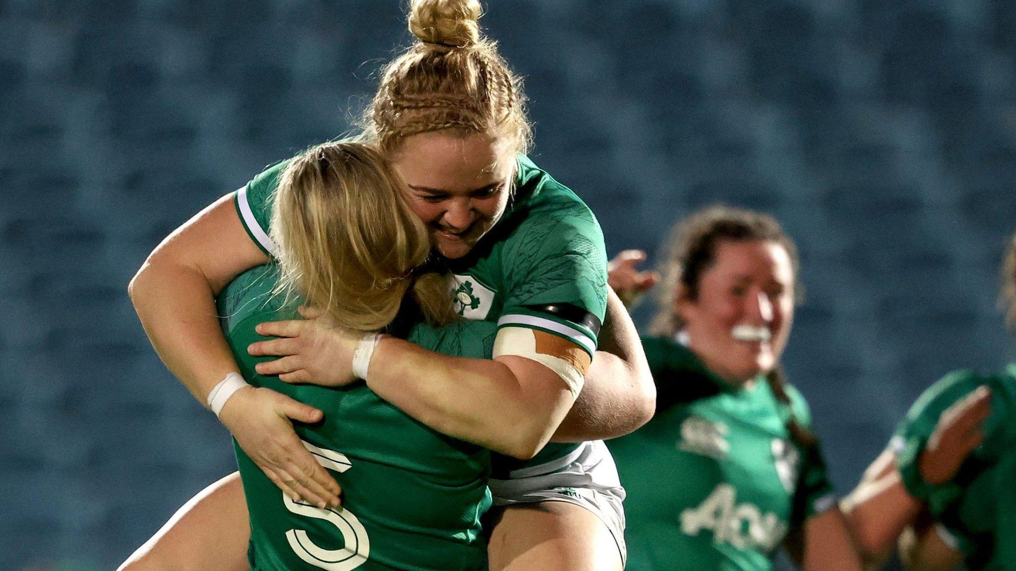 Cliodhna Moloney celebrates a win over USA in November 2021 with the new Ireland co-captain Sam Monaghan