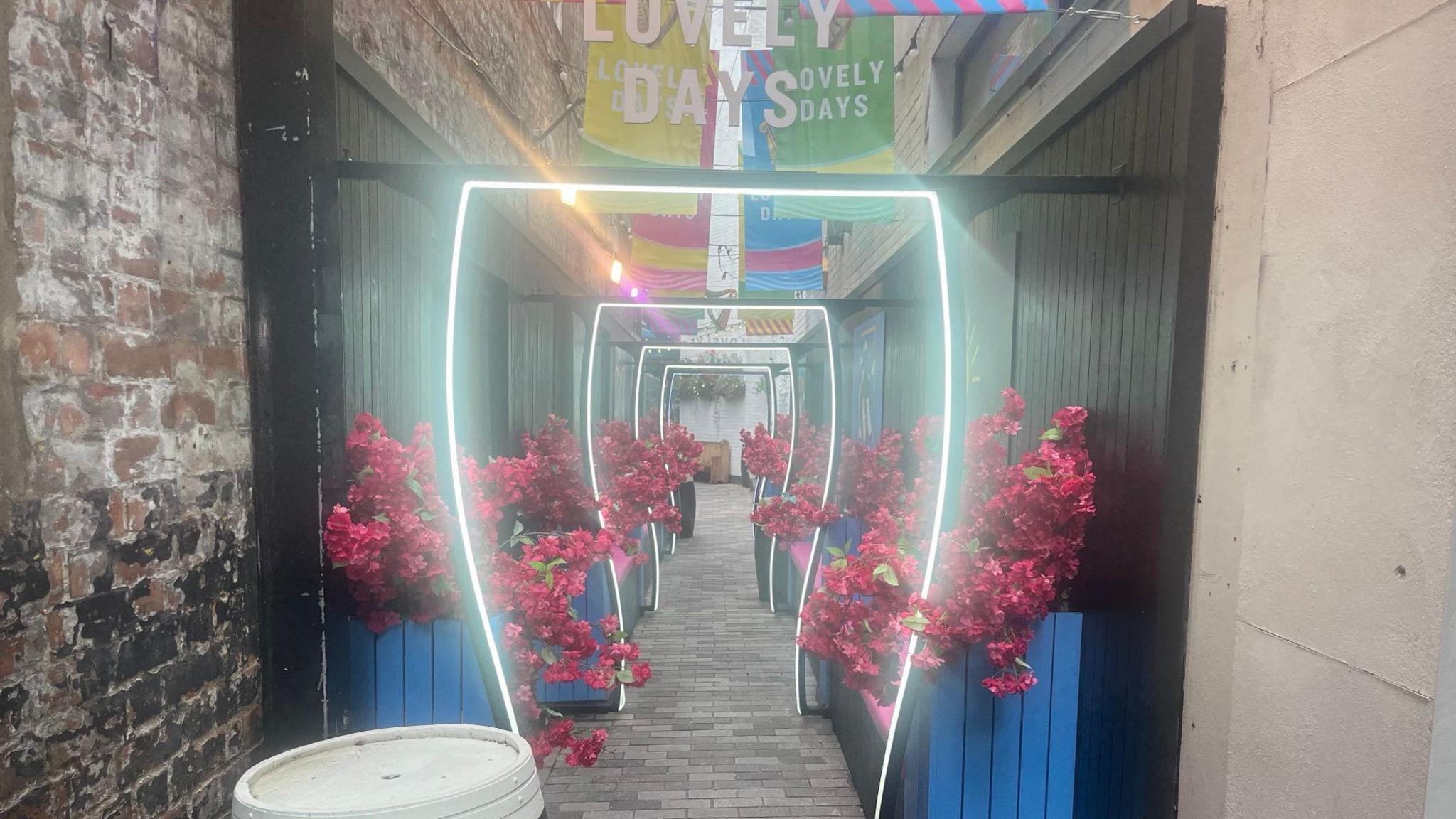 An alley with lights along it and pink flowers