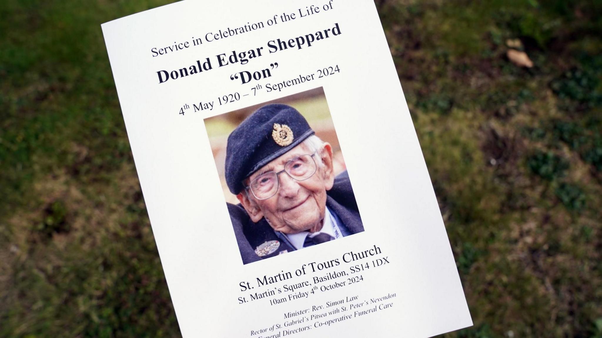 The order of service for 104-year-old D-Day veteran Don Sheppard's funeral service at Martin's Church in Basildon, Essex.