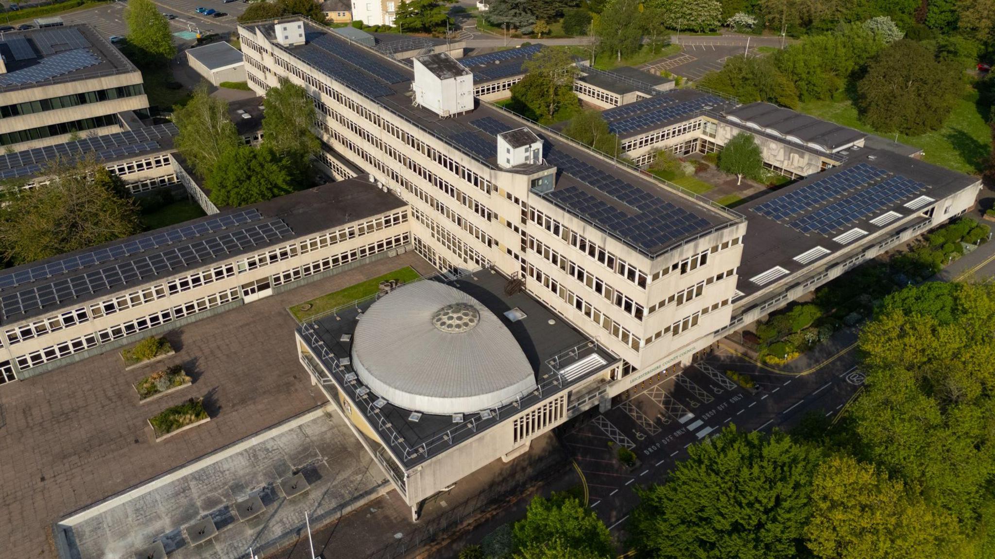 An aerial view of County Hall in Glenfield