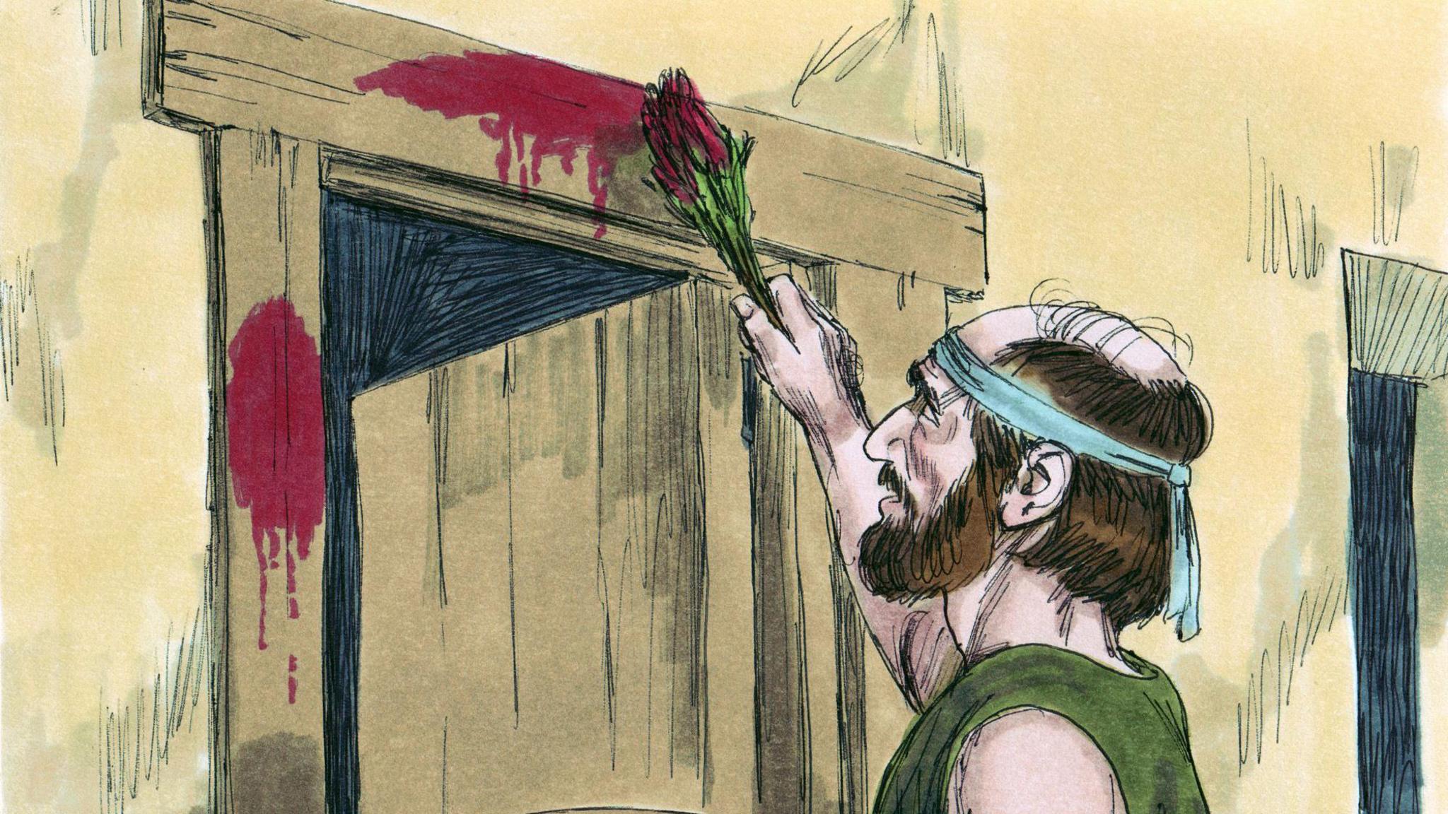 An illustraton shows a man marking a doorway with blood