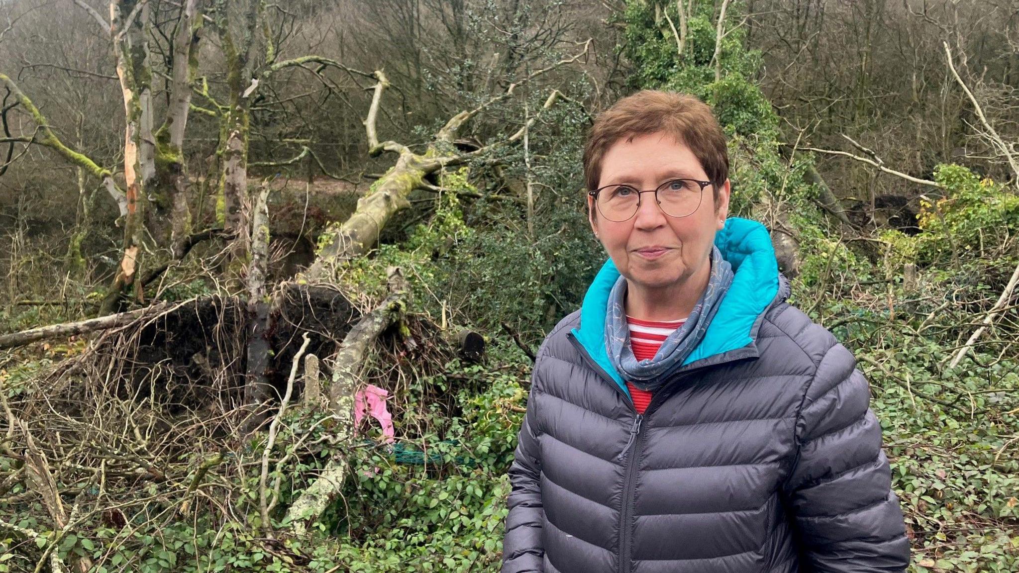 Photograph of Sue Goddard in the garden of her home, with a toppled tree in her garden in Carrbrook.